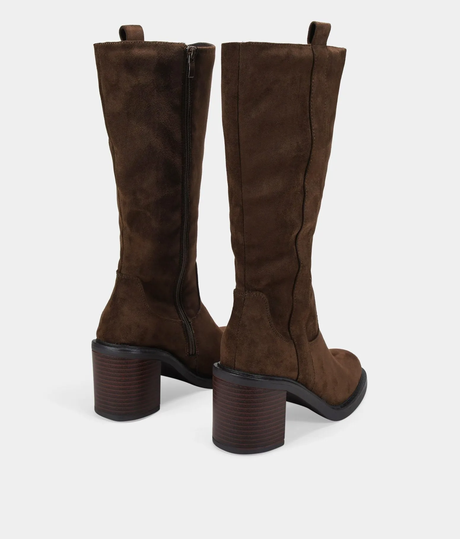 BOSANOVA Botas Altas de tacón para Mujer en Ante con Suela Redonda y tacón Ancho Efecto Madera. Cierre con Cremallera Interior. Calzado para Mujer