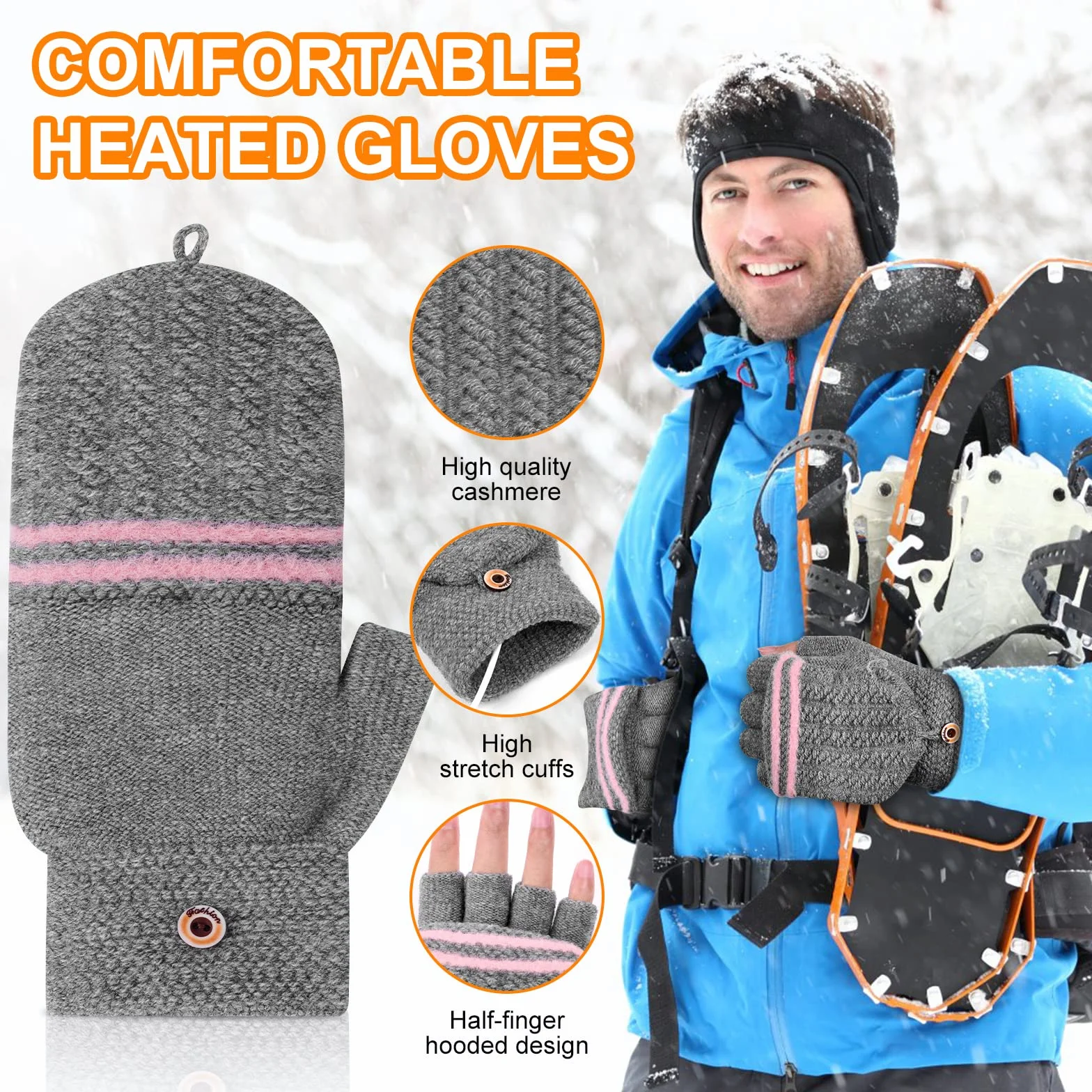 Flintronic Guantes Calefactables USB, Guantes Térmicos USB Unisex de Invierno, Guantes de Medio Dedo con Cubierta para el Dedo, Guantes de Tejer Lavables para Ciclismo/Esquí/Portátiles/Oficina-Rosa