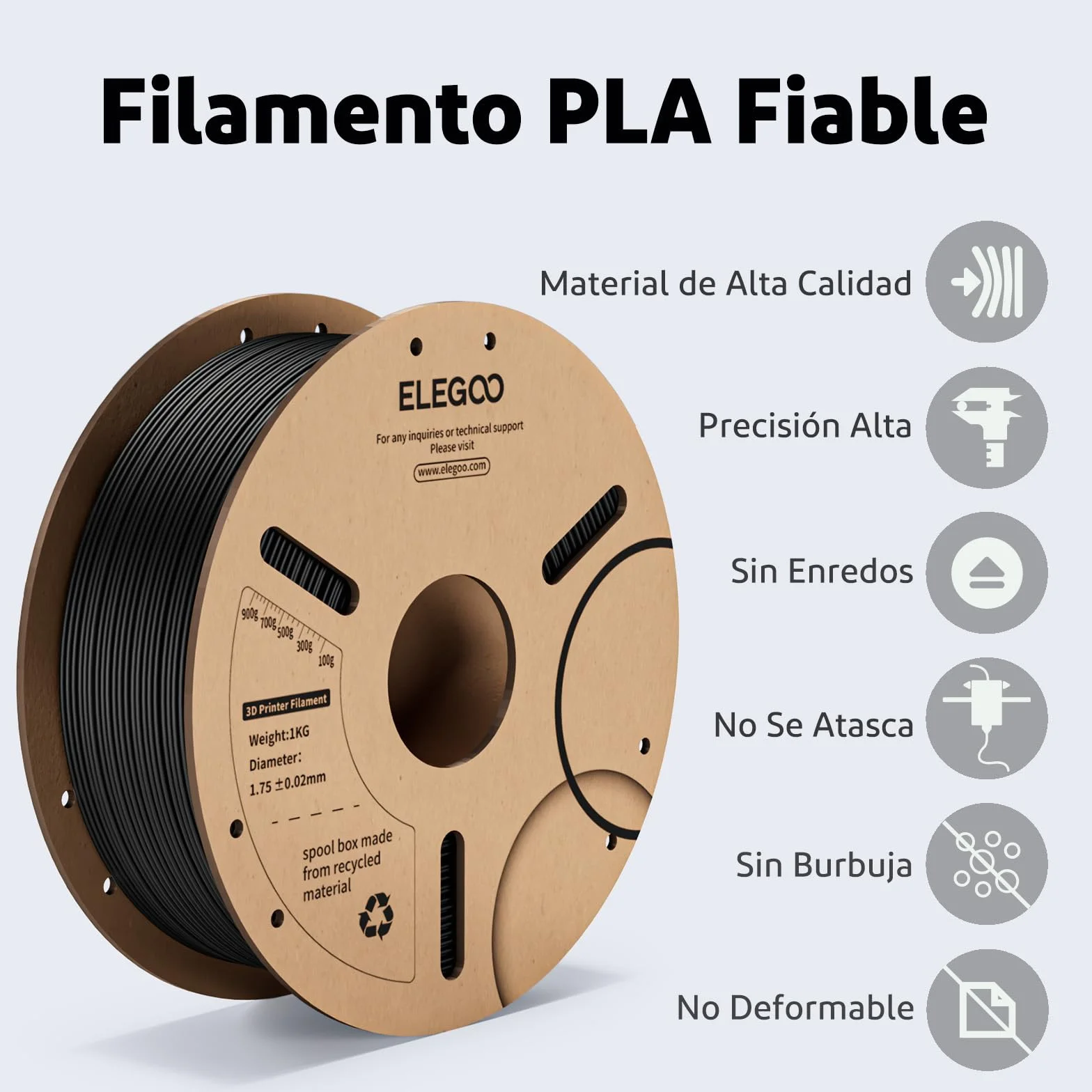 ELEGOO Filamento PLA 1.75mm 1KG Negro para Impresora 3D Precisión Dimensional +/- 0.02mm