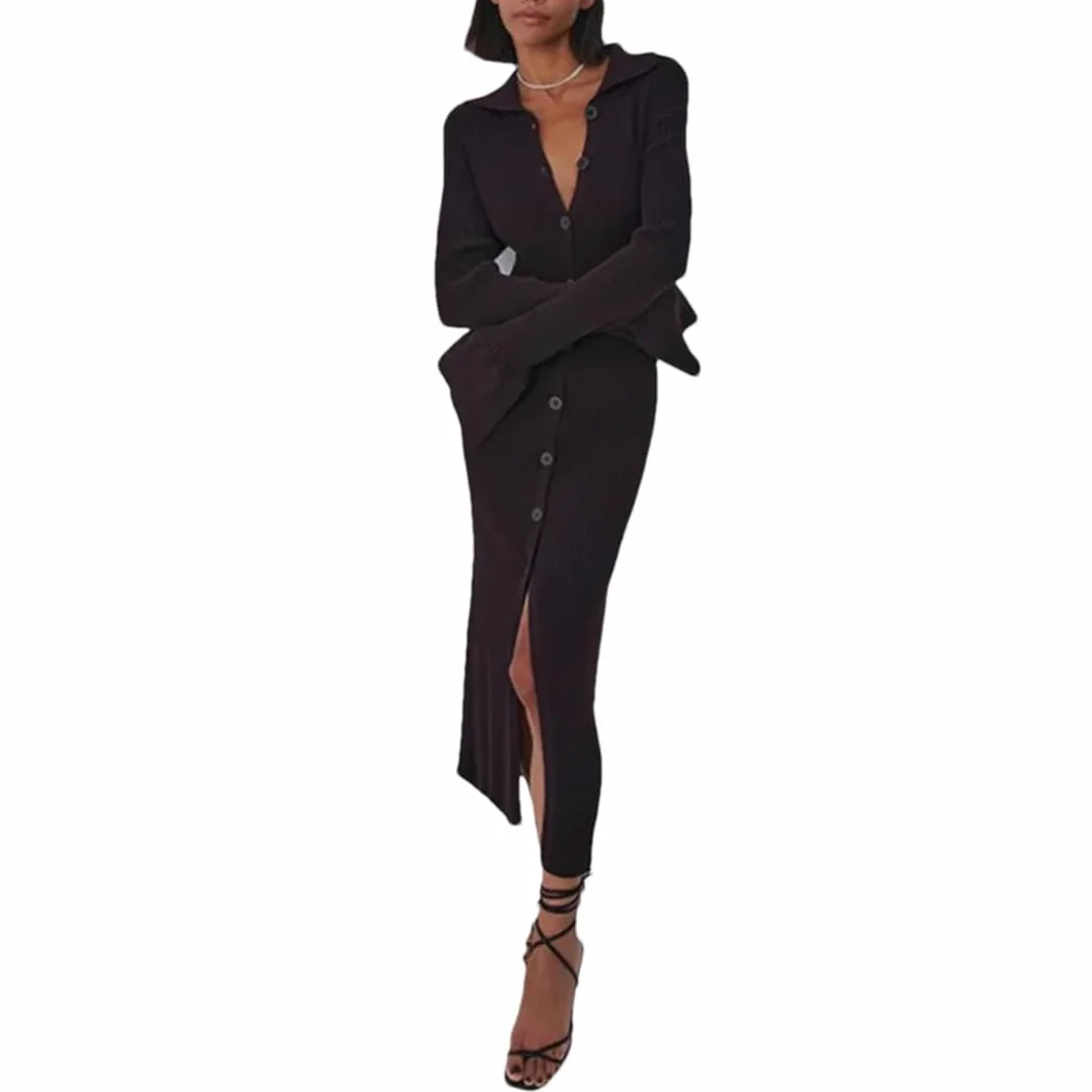 Vestido de invierno para mujer, de punto, ajustado, de manga larga, con botones, casual, para fiesta