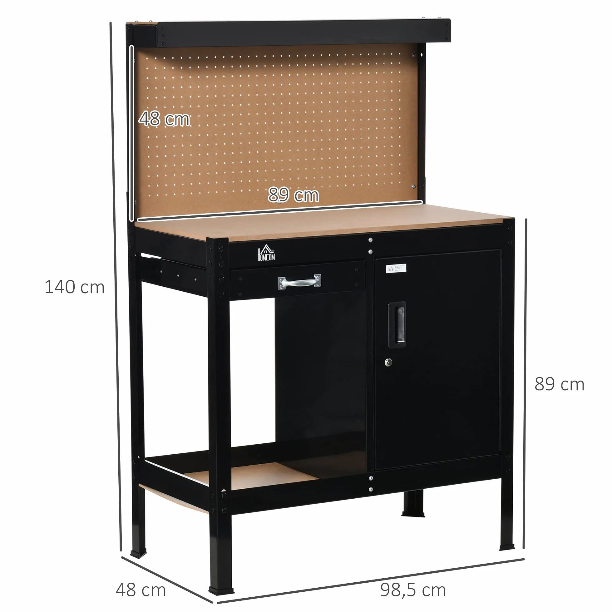 HOMCOM Banco de Trabajo 98,5x48x140 cm Carga 100 kg Mesa con Panel Perforado Negro
