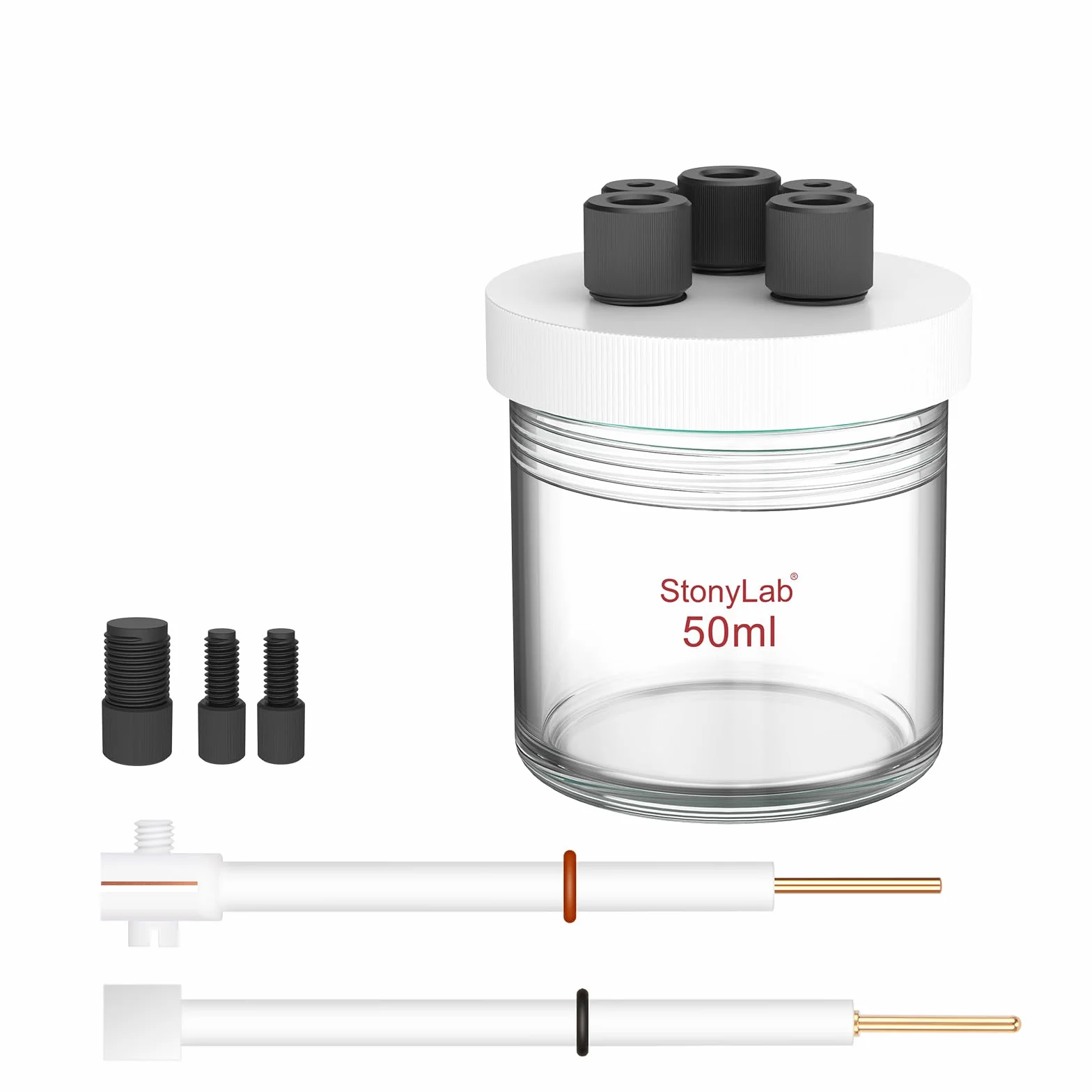 Styonylab Celda Electrolítica de Borosilicato 50 ml Kit de Celda Electroquímica Sellada con Tapa de PTFE 5 Orificios