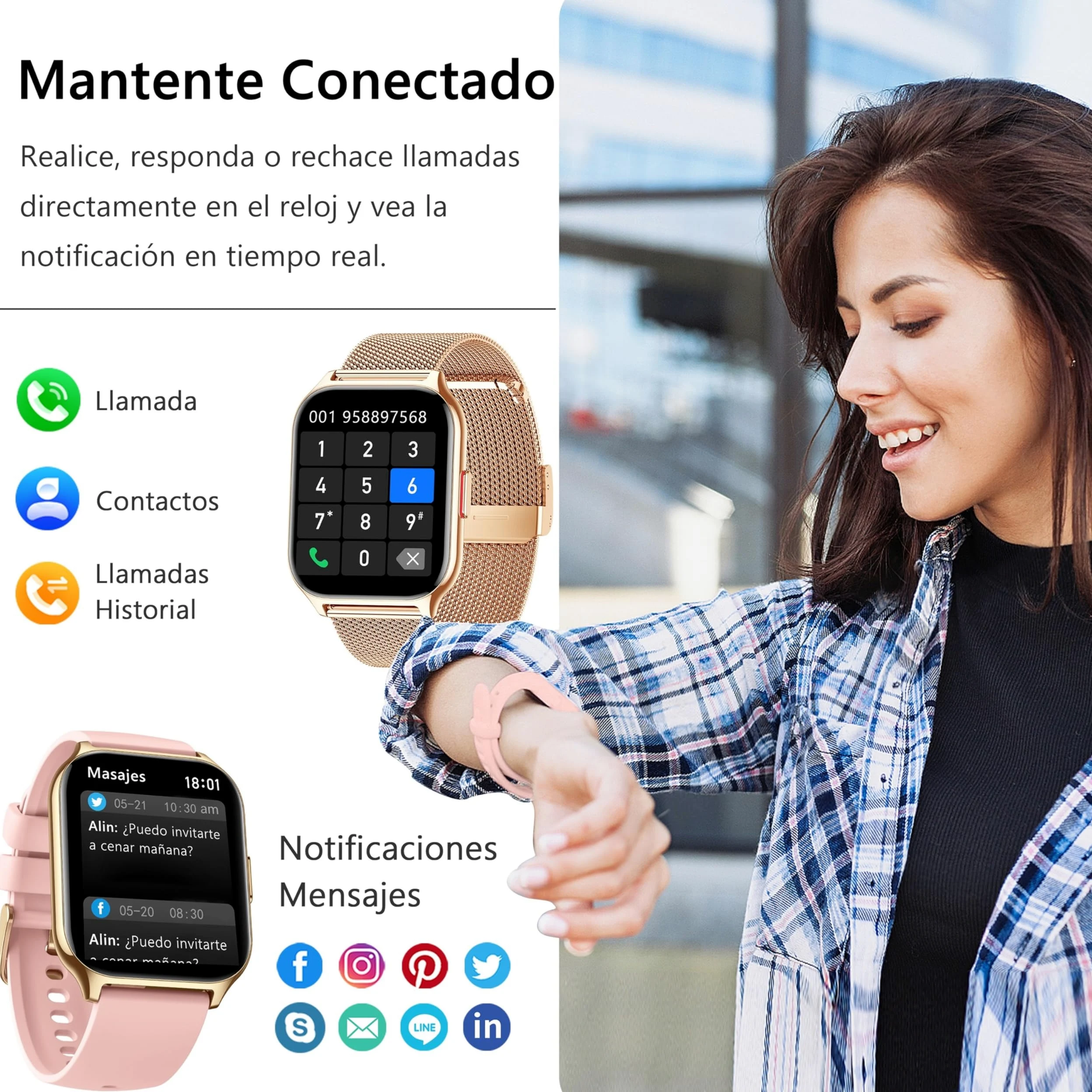 Reloj Inteligente Mujer con Bluetooth, Llamada, Presión Arterial, Ritmo Cardíaco, 100+ Deportes, para iOS Android