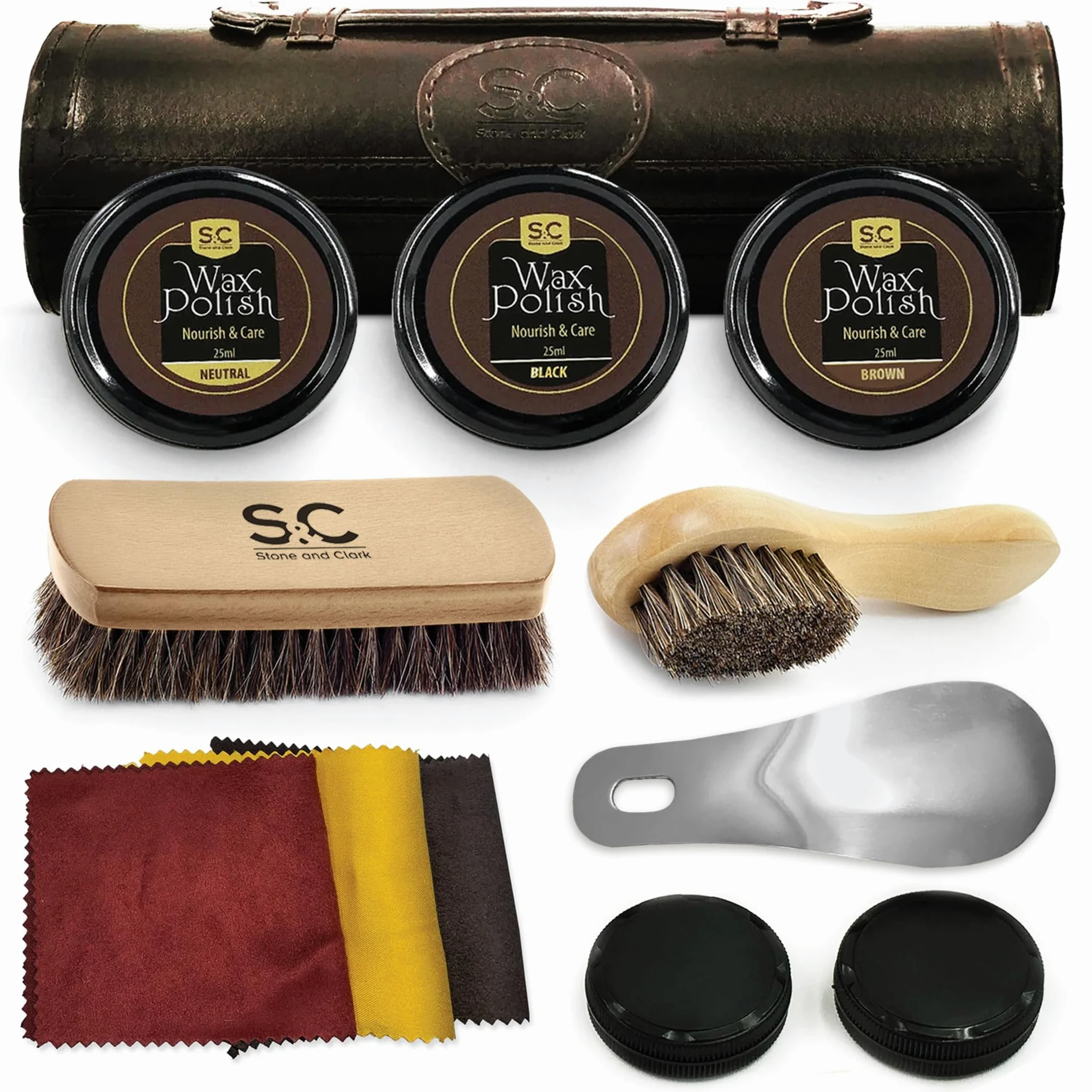 Stone & Clark 12PC Shoe Polish & Care Kit, Leather Shoe Shine Kit with Brown Wax, Shoe Brushes for Polishing