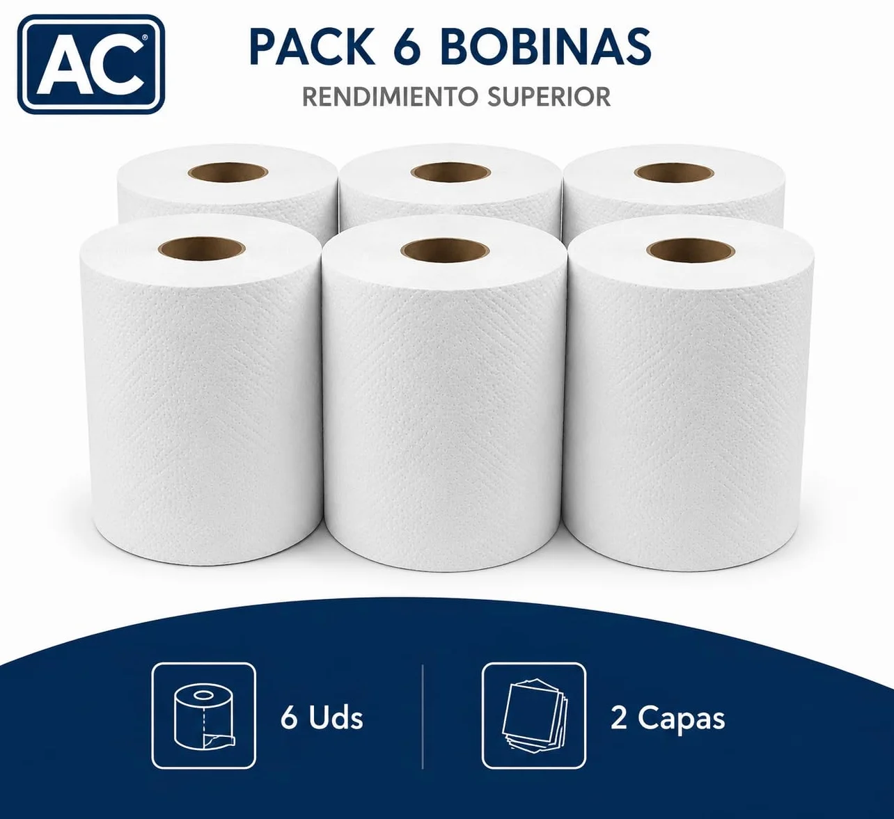 Bobina Papel Secamanos Mecha Laminado Gofrado Doble Capa Pack 6 unidades