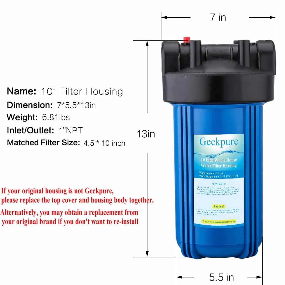 Geekpure Carcasa para filtro de agua 10 x 4,5 pulgadas entrada y salida 1 pulgada con llave y soporte azul