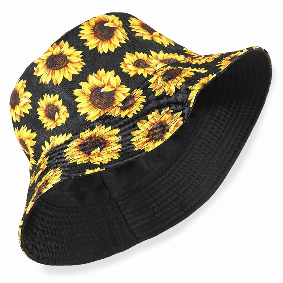 Moda Imprimir Bucket Hat Summer Fisherman Cap para Hombres Mujeres, Cute Crisantemo Imprimir, Fisherman Hat para el Verano Senderismo Camping Viajes Pesca Golf Beach(Black)