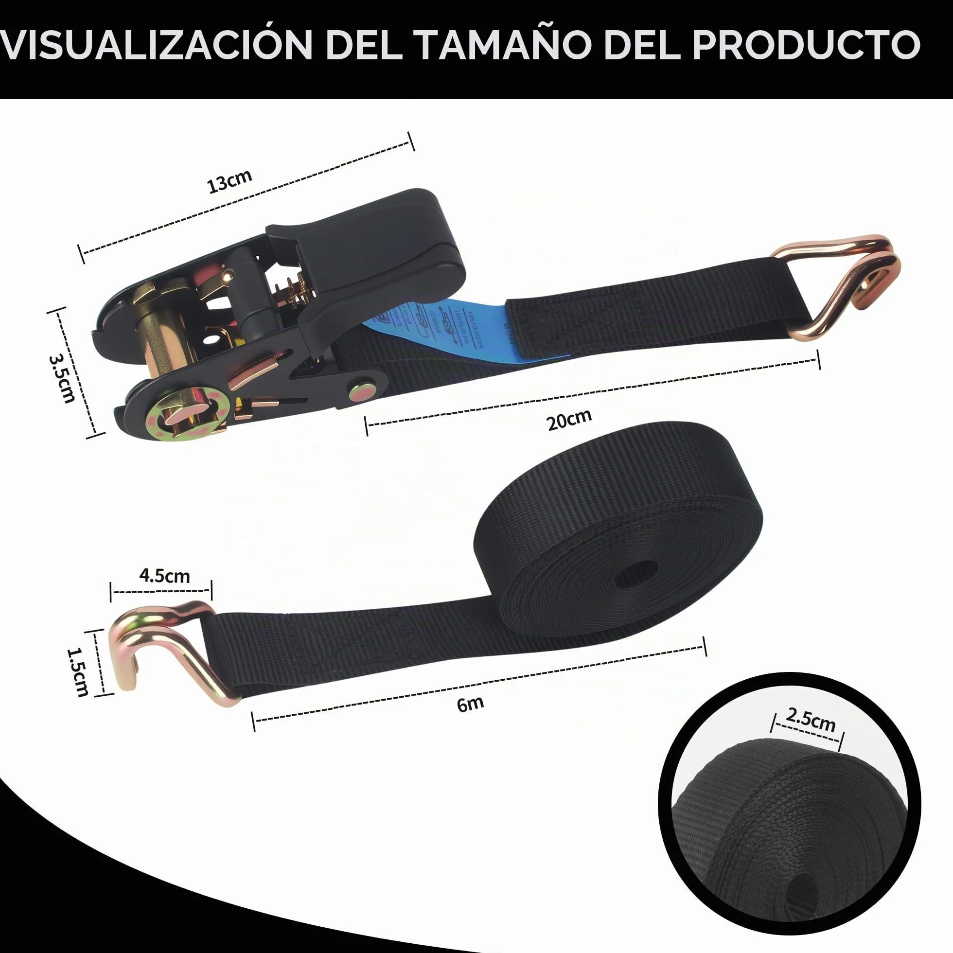 Cinchas de Amarre con Carraca, Correas Tensoras 6m x 25mm, Negro