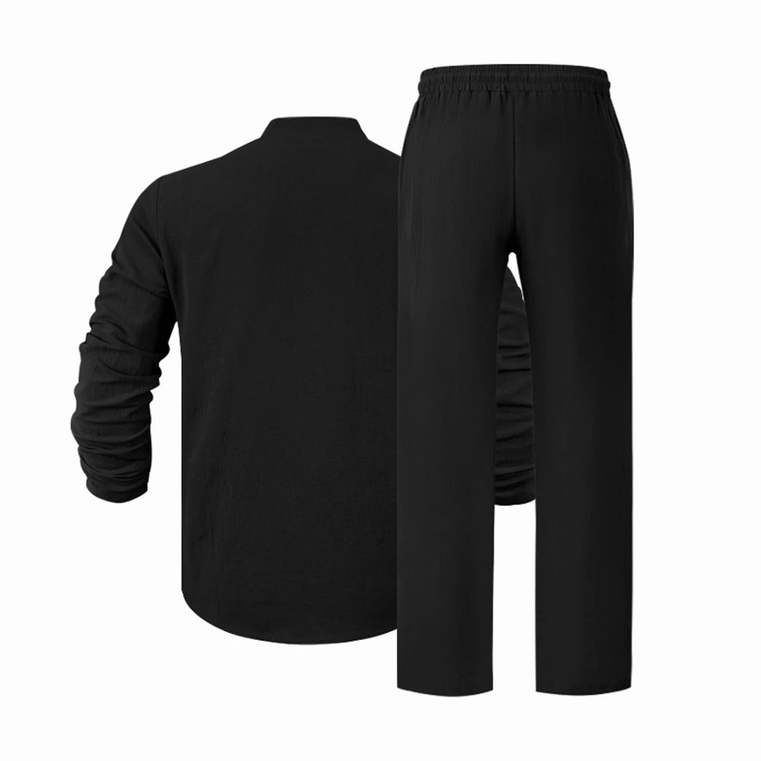 Camisa de lino para hombre, cuello en V, manga larga, pantalones casuales de otoño