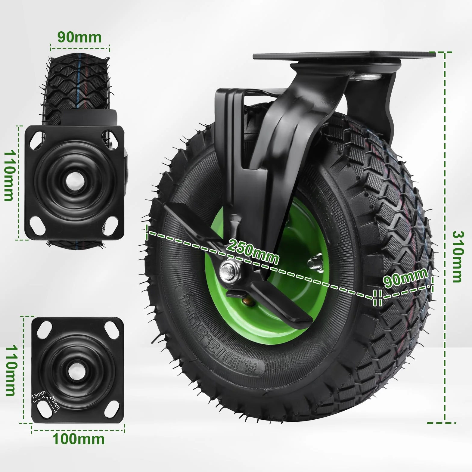 Schwartz Juego de 4 ruedas giratorias 360° con freno 250x90mm rueda de aire silenciosa llanta de acero absorción de impactos carro de transporte