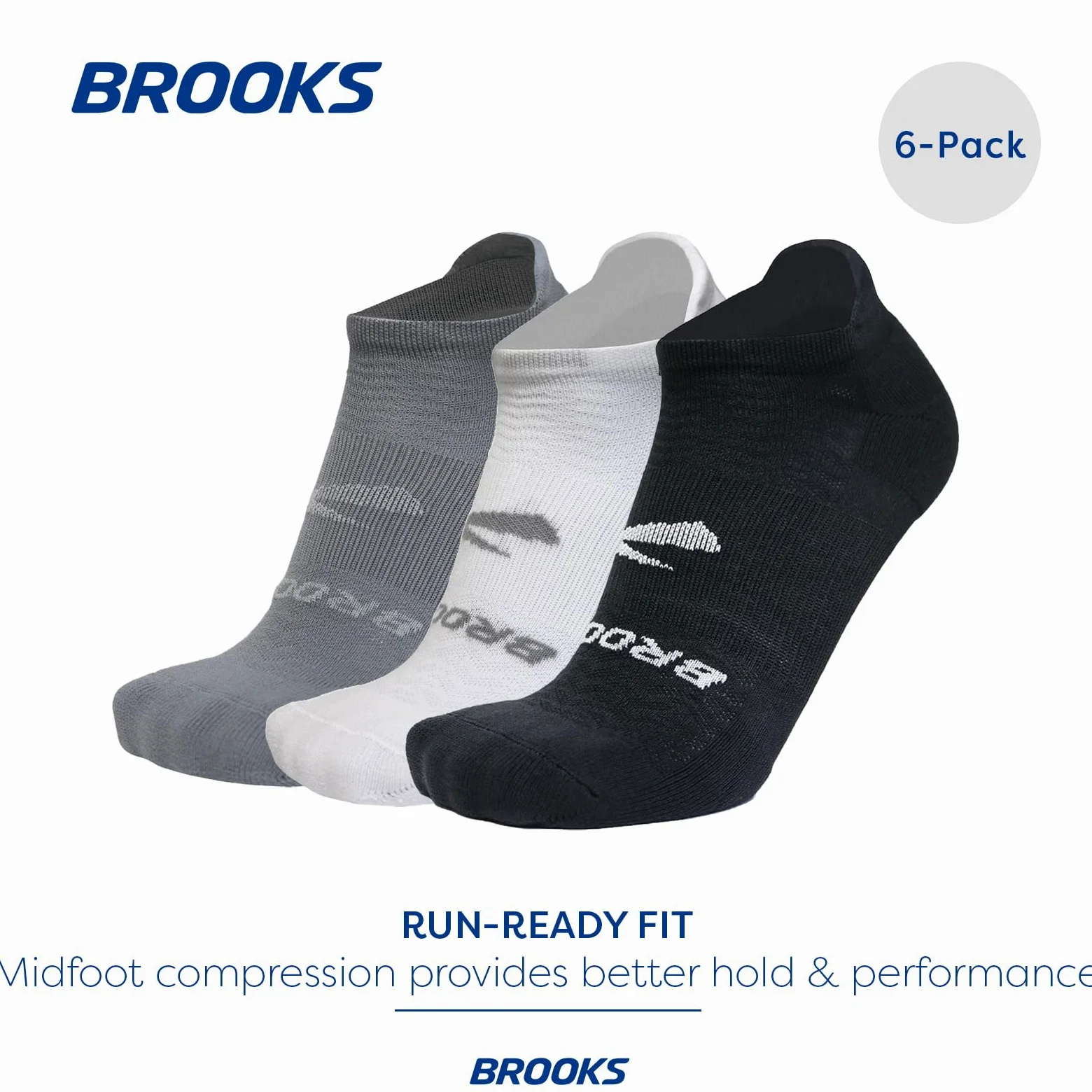 Brooks - Calcetines invisibles, Asfalto/Blanco/Negro, 6 pares, Asfalto/Blanco/Negro, 9-11.5