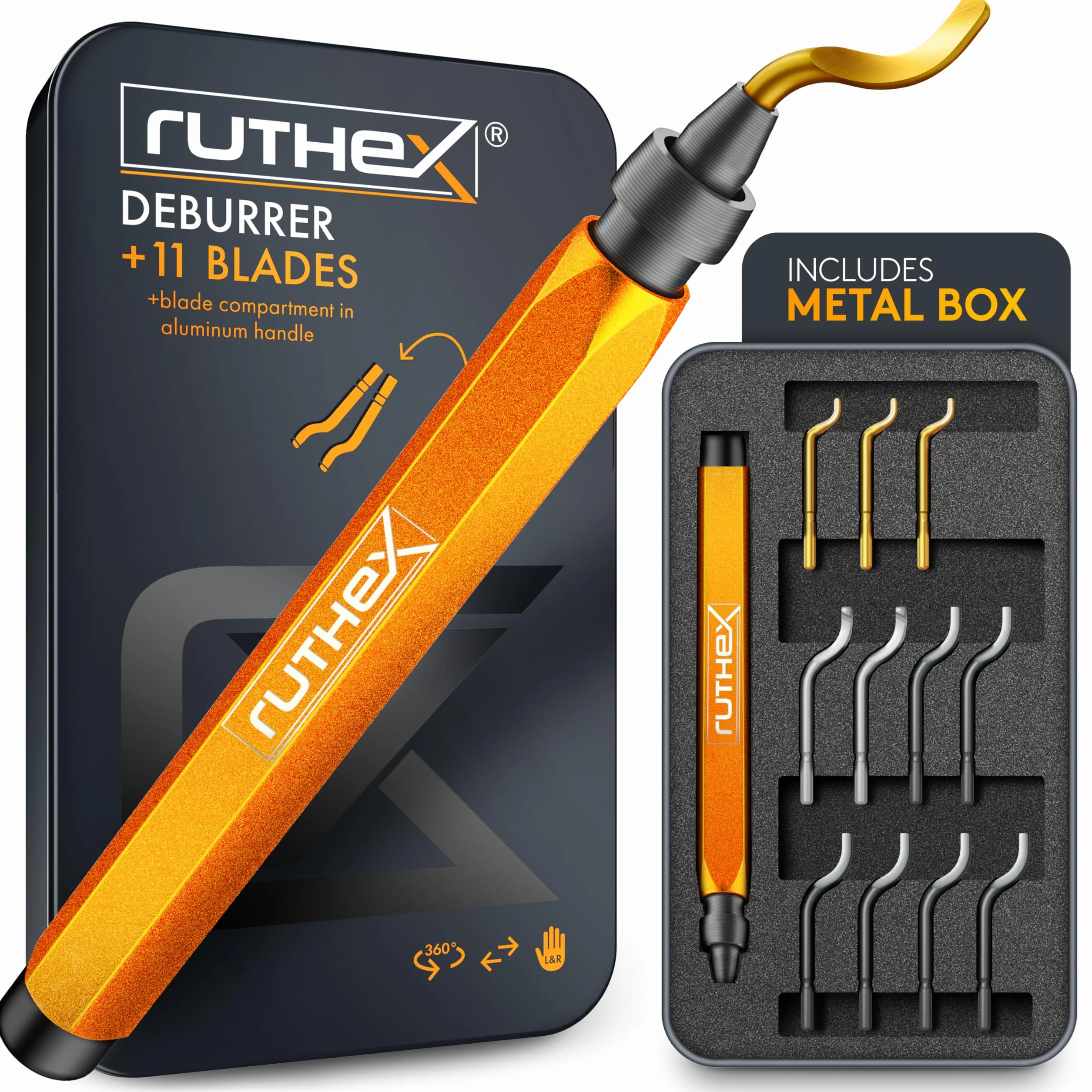 Ruthex Desbarbador Manual en Caja de Metal con 11 Cuchillas para Plástico, Metal y Acero Inoxidable