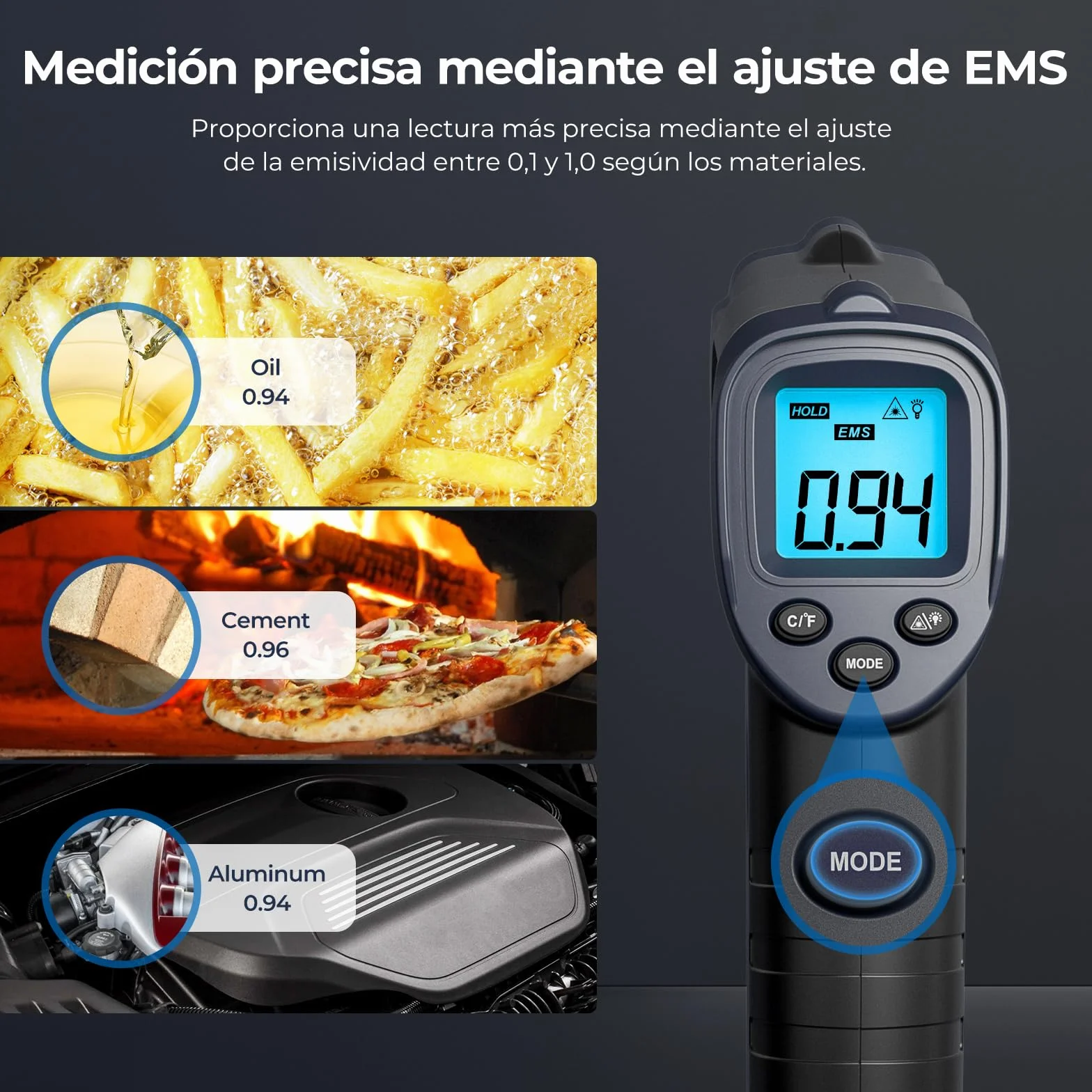 ERICKHILL Termómetro infrarrojo -50°C~600°C Pistola láser sin contacto LCD Pantalla retroiluminada Emisividad ajustable