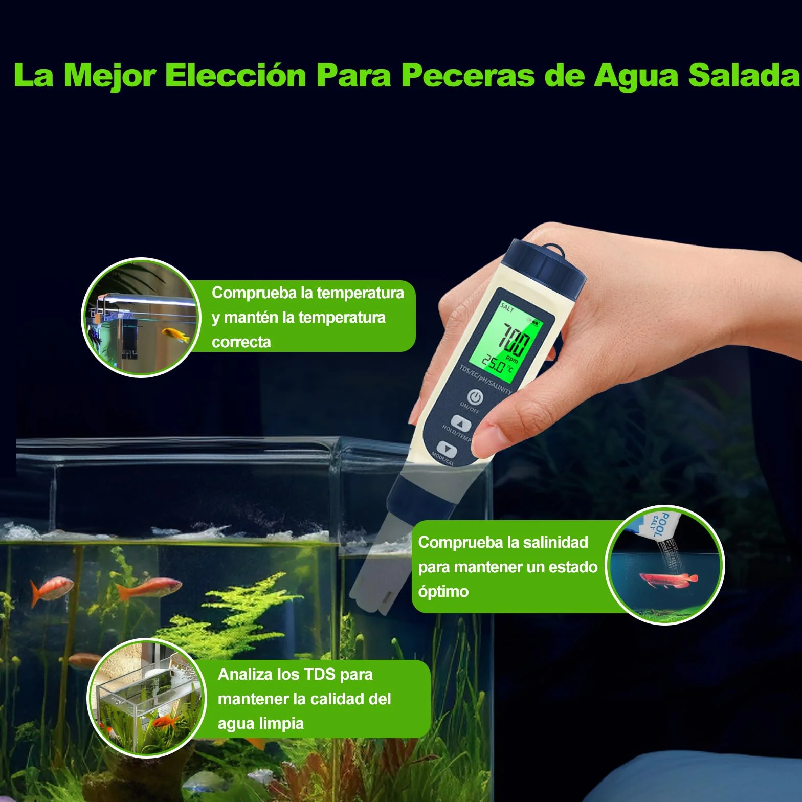 Pious Medidor PH 5 en 1 PH/TDS/CE/Salinidad/Termómetro con Pantalla LCD Alta Precisión para Hidropónica Piscinas