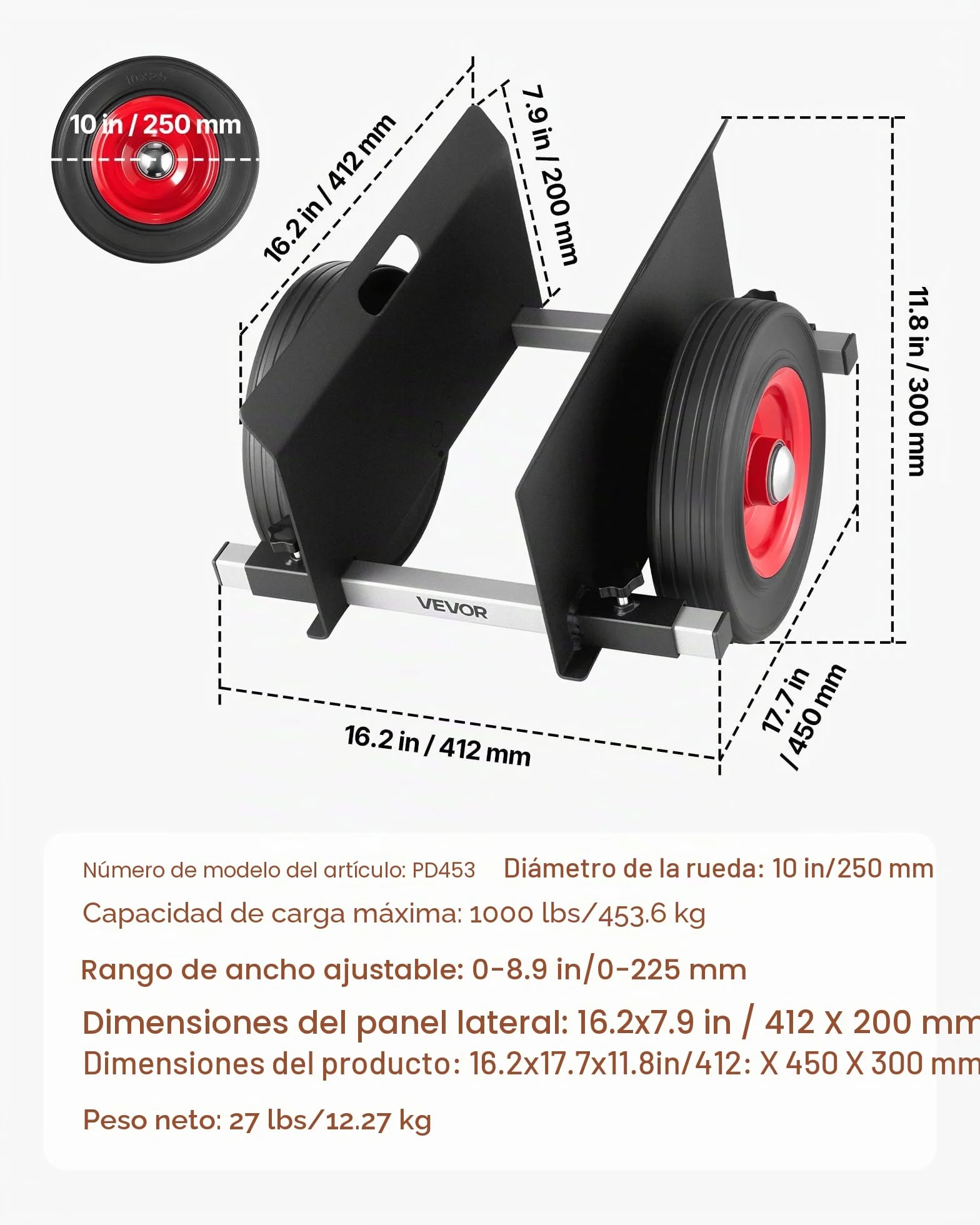 VEVOR Carro Portaplacas, Carga 453,6 kg, Ruedas de Goma, 412 x 450 x 300 mm, Negro