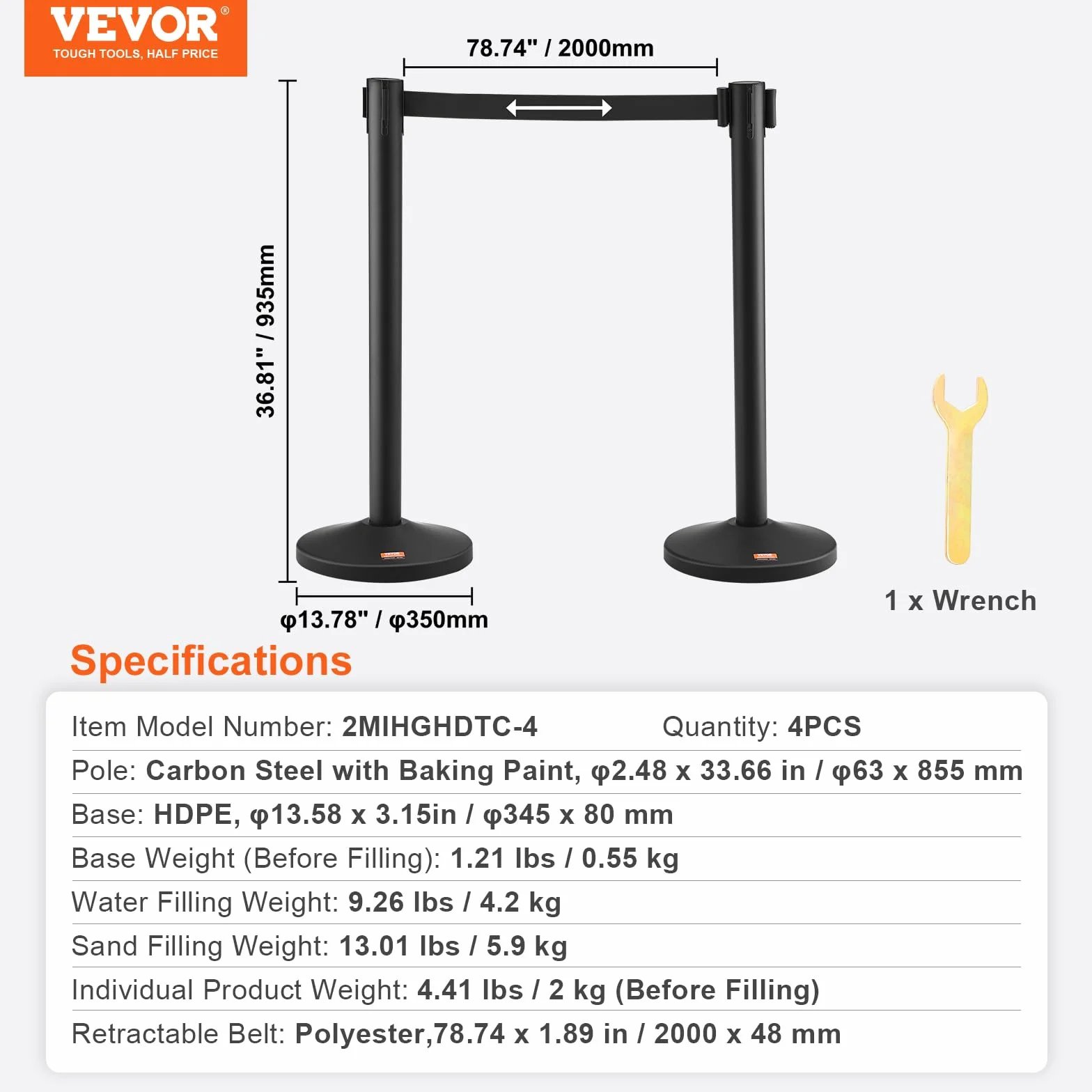 VEVOR Poste Guía 4 Piezas Barrera de Marcado 93,5cm Cintas Retráctiles 2x2 m