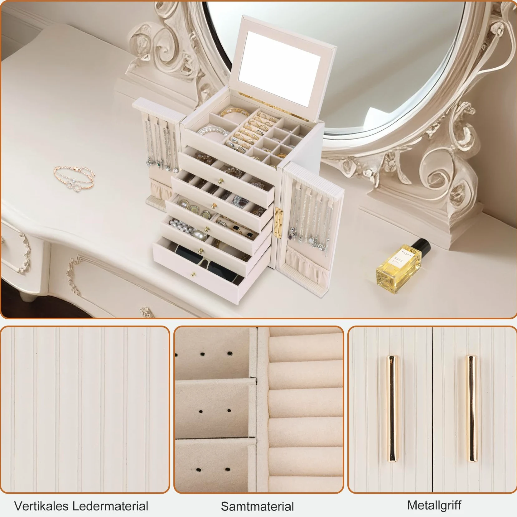 Dajasan Grande Joyeros Mujer Organizador, 6 Capas Organizador Joyas, Joyero Mujer con Espejo Para Navidad, San Valentín, Cumpleaños de la Madre, Año Nuevo (Beige)