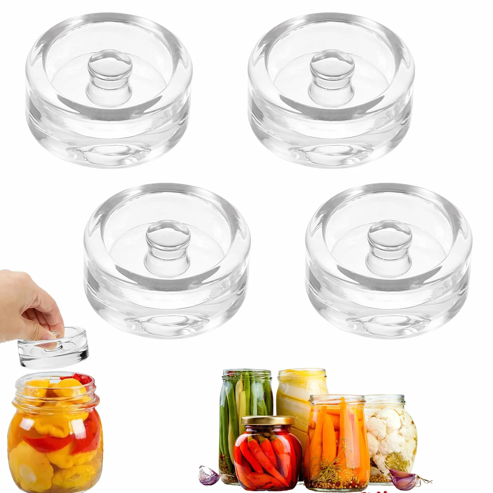 Pesos de Fermentación de Vidrio 7cm, Juego de 4 Piezas con Mangos Ranurados para Chucrut, Kimchi, Encurtidos