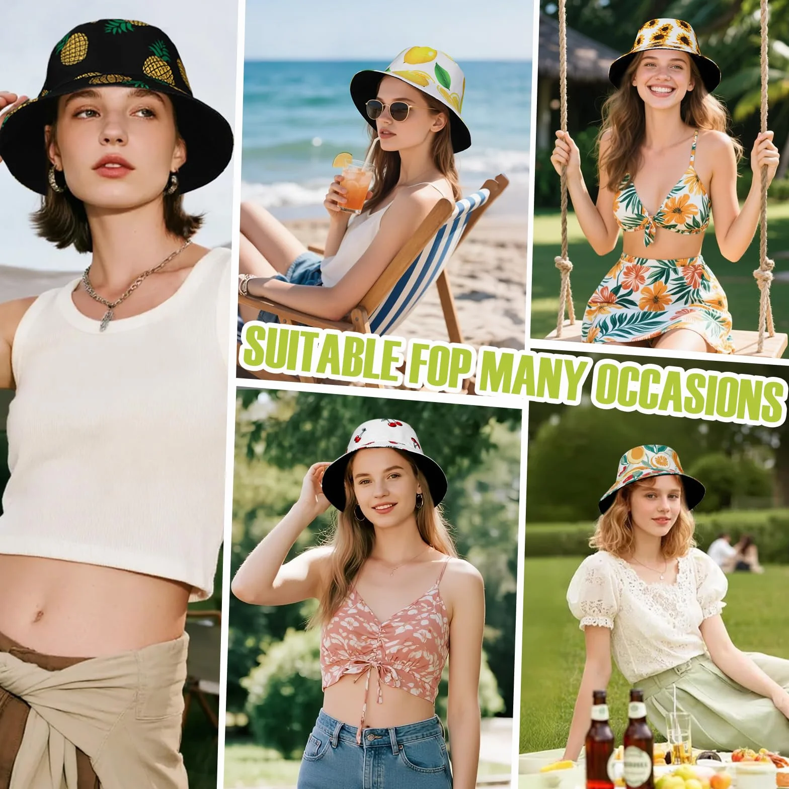 Mujer Sombrero de Pescador Reversible Algodón Bucket Hat, Protección UV Frutas Impresión Vacaciones Sombrero de Sol Ligera Gorra de Pesca, Plegable Verano Gorros de Playa para Viaje Fiesta