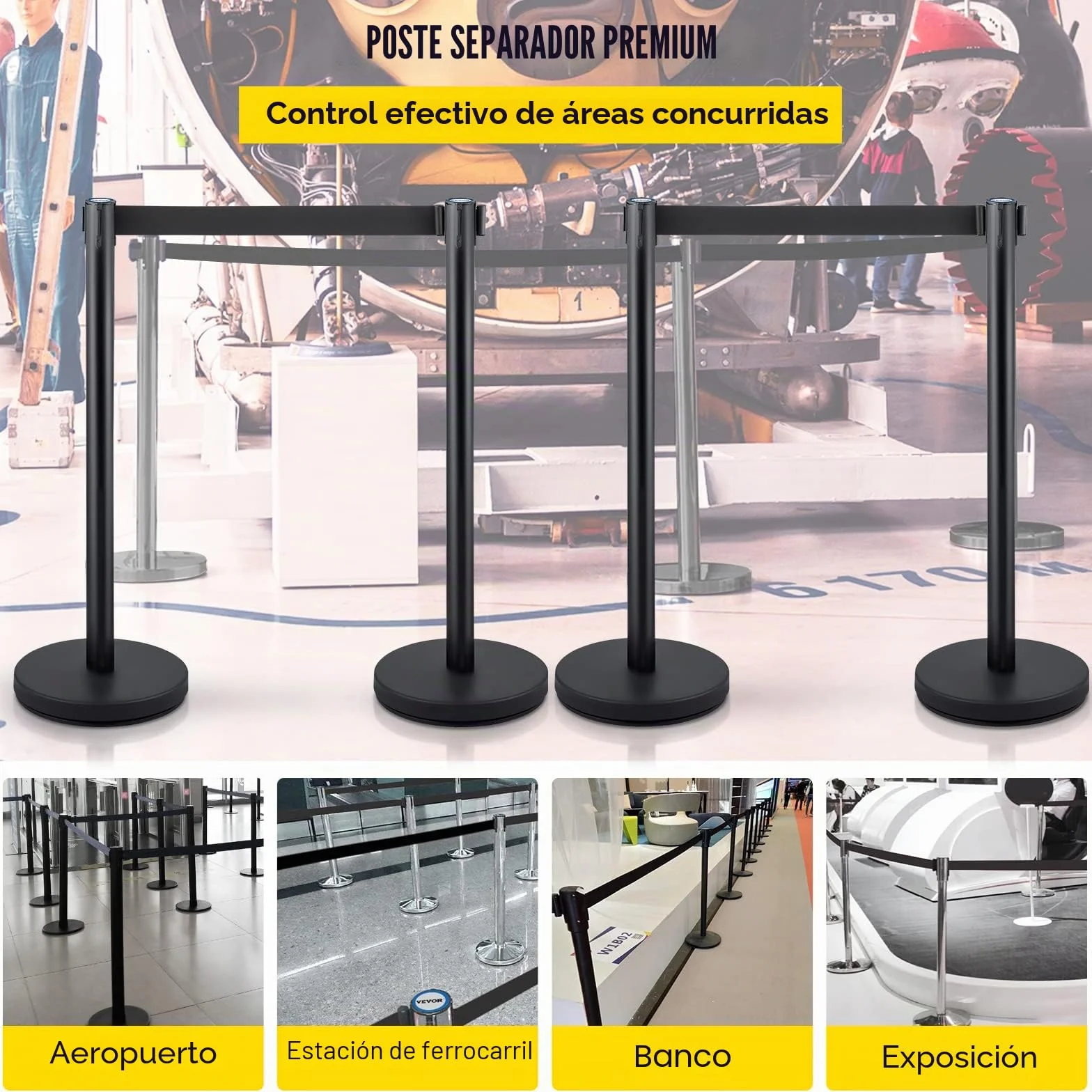 VEVOR Postes Separadores 4 piezas 90 cm Negros Poste Separador con Cinta Extensible 2 m Conexión 4 Vías 22 kg Postes de Barrera Control Multitudes Retráctiles Base Estable