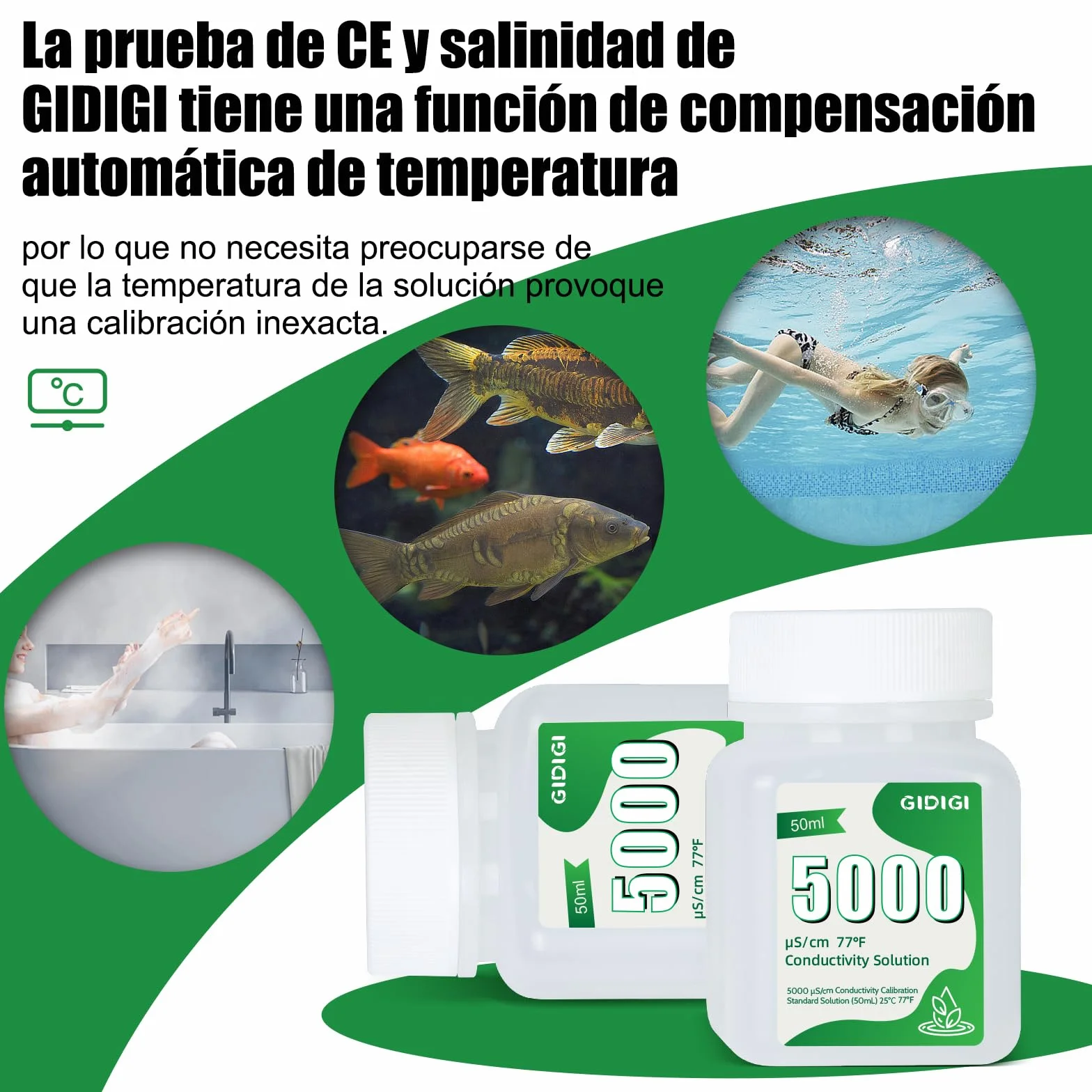 Solución de calibración EC TDS 5000μS/cm, 4 botellas de 50 ml para medidores EC TDS