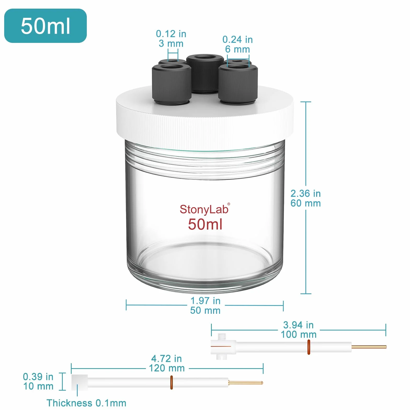 Styonylab Celda Electrolítica de Borosilicato 50 ml Kit de Celda Electroquímica Sellada con Tapa de PTFE 5 Orificios