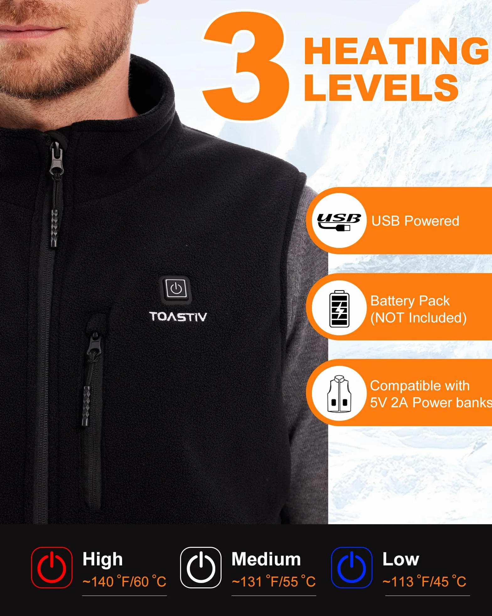 Chaleco Calefactable de Polar para Hombres, Chaleco Calefactable Eléctrico con 3 Temperaturas, 6 Zonas de Calefacción, Chaqueta Calefactable USB, Chaleco para Exteriores (Sin Batería)