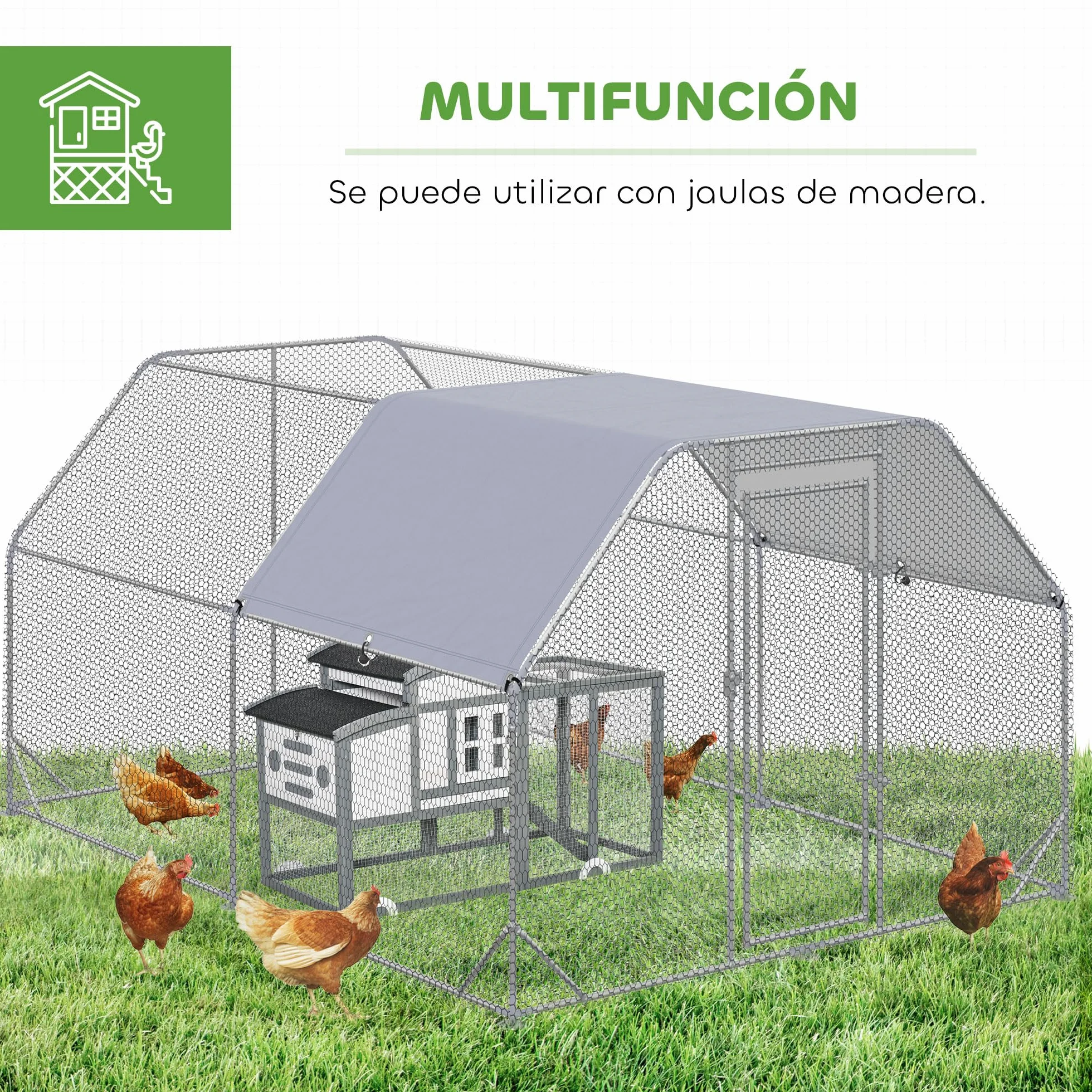 PawHut Gallinero Exterior Grande Walk-in 2,8x3,8x1,95 m Acero Galvanizado 10-12 Gallinas