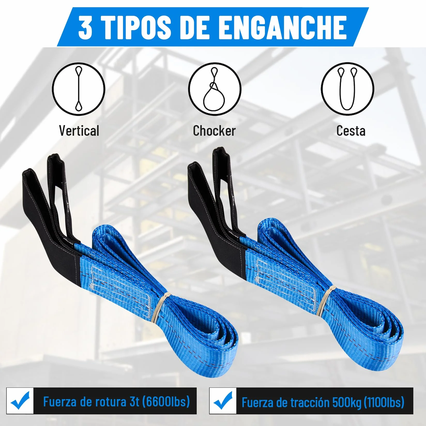 Eslinga Plana Doble Pindex 2 1.8 m 1000 kg, Eslinga de Elevación para Cabrestante, Grúa, Azul