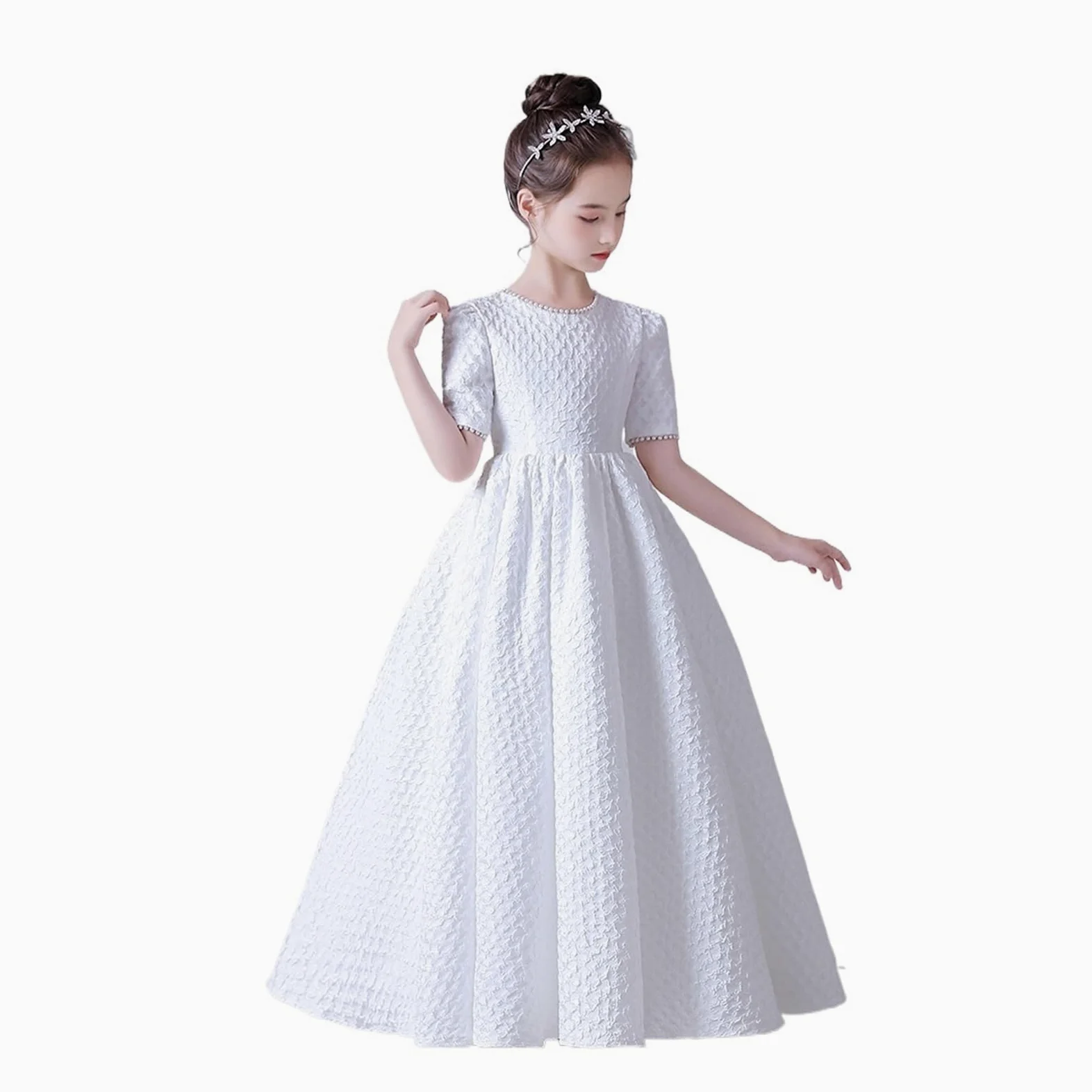 Falda abombada Blanca, Elegante Vestido de Flores for niñas, for Fiesta de Boda, Manga Corta, Concierto, Vestido de Dama de Honor Junior para Bodas(6)