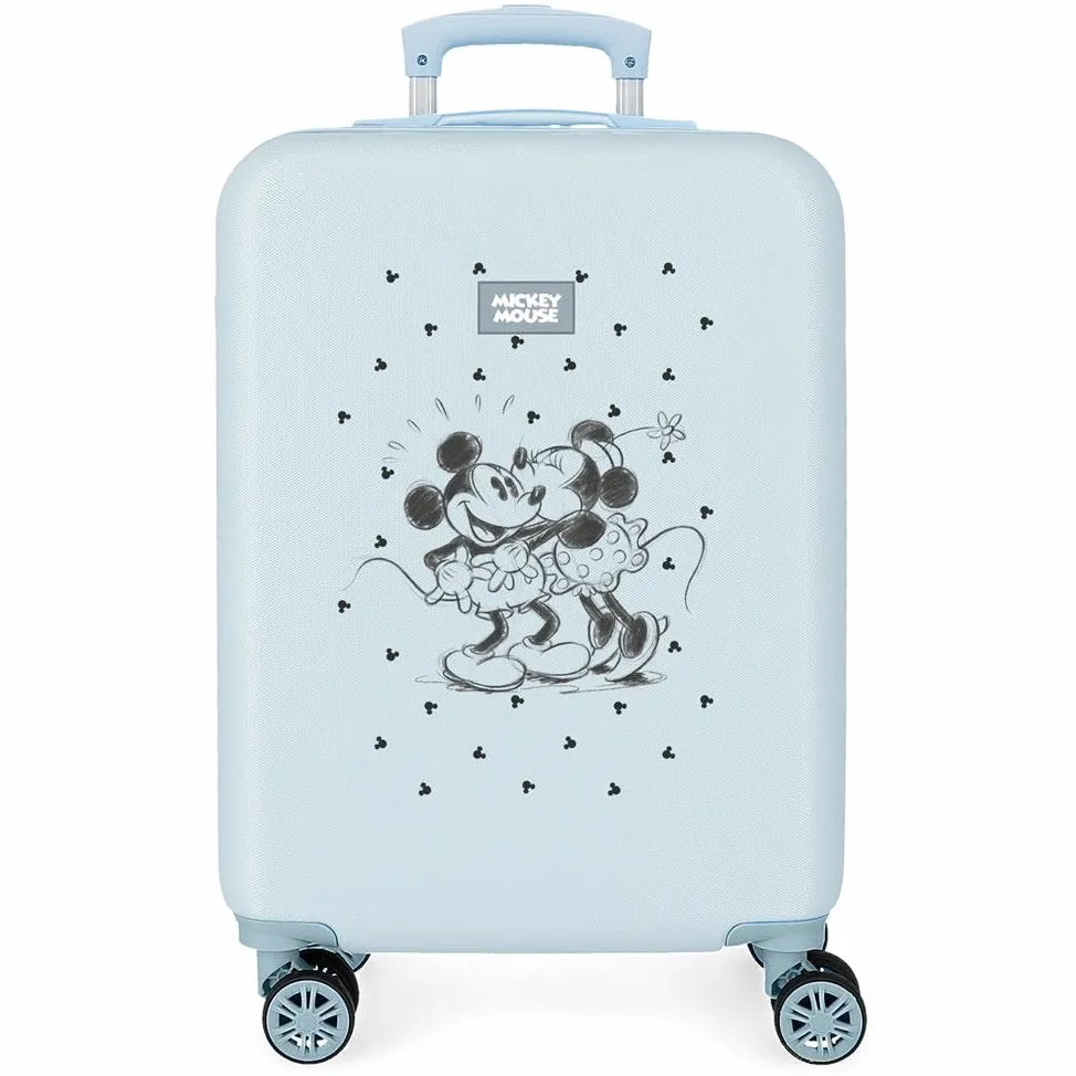 Joumma Bags Disney Mickey & Minnie Kisses maleta cabina, neceser, Fabricada en ABS, un material resistente y ligero, azul, Cuatro ruedas dobles de giro multidireccional, Cierre de combinación lateral.