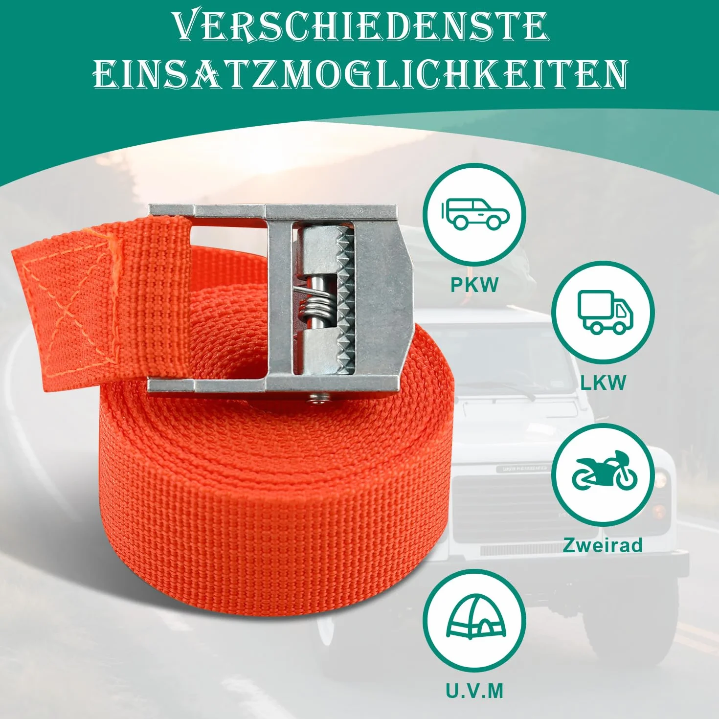 Cinchas de Amarre 25mm x 2m Correas Tensoras Naranja DIN EN 12195-2 para Motos Furgonetas Bicicletas