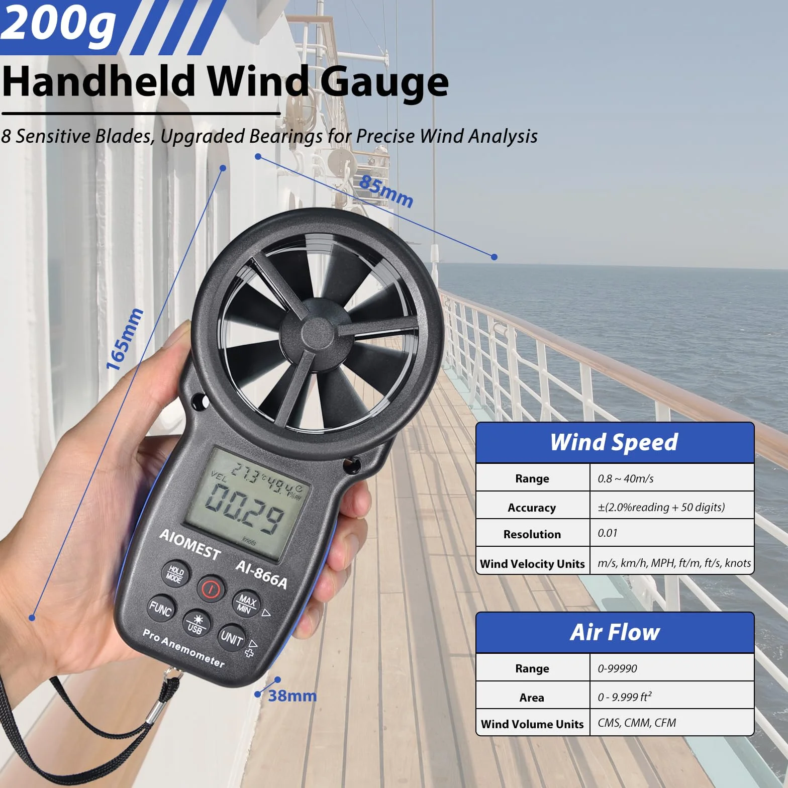 AIOMEST Anemómetro HVAC CFM Medidor de Flujo de Aire Portátil Velocidad del Viento