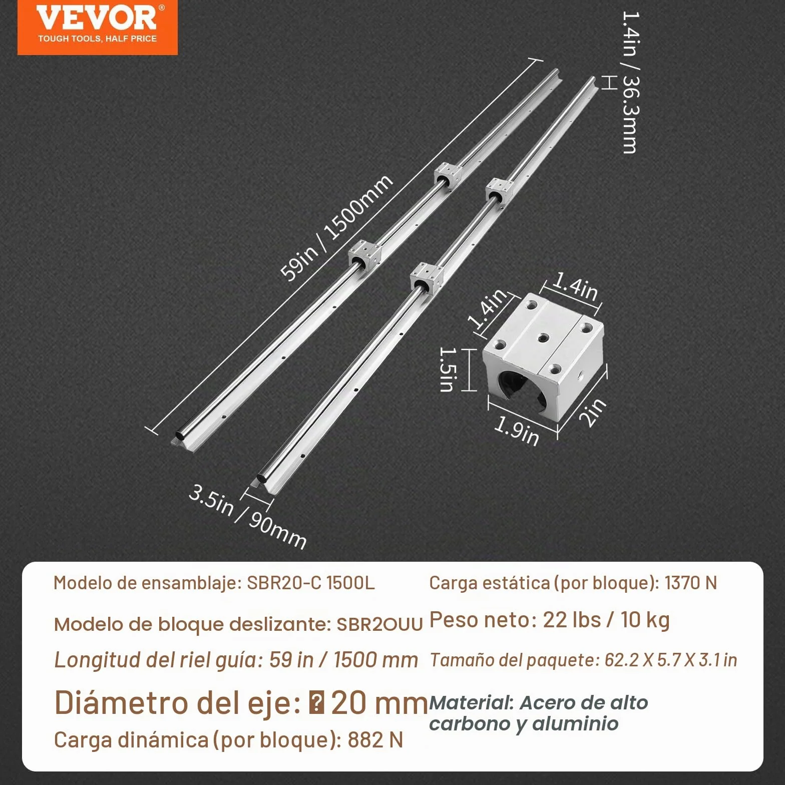 VEVOR Riel de guía lineal SBR20 1500 mm 2 rieles 4 bloques SBR20UU Kit deslizadores CNC