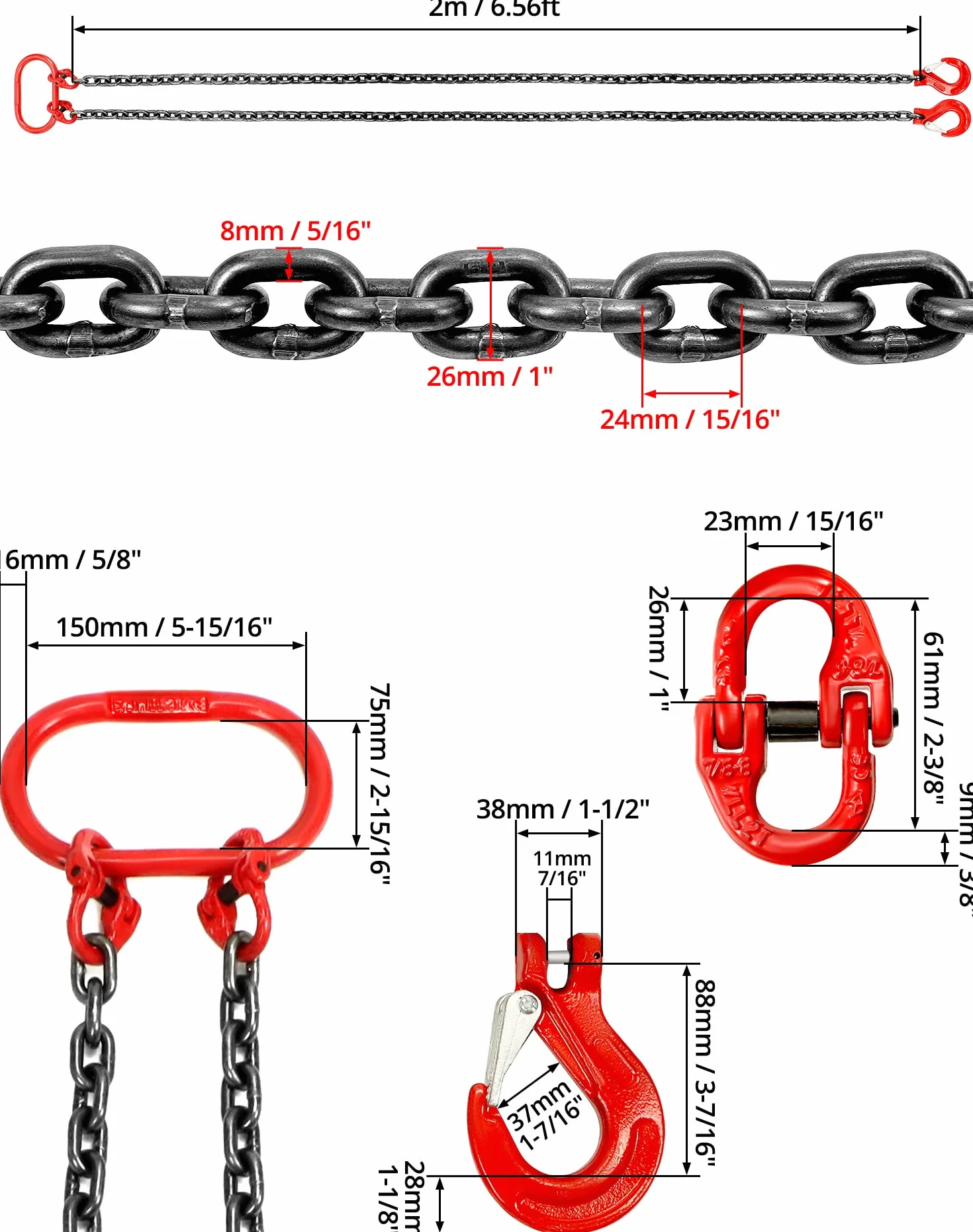 QWORK 3T Cadena de elevación de carga 2 m G80 Acero al manganeso 8 mm