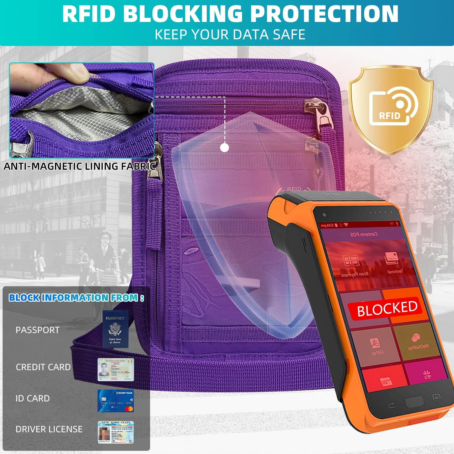 Cartera pequeña para el cuello con bloqueo RFID, bolsa cruzada de viaje, soporte para pasaporte, diseño minimalista delgado, bolsa de seguridad para el cuello