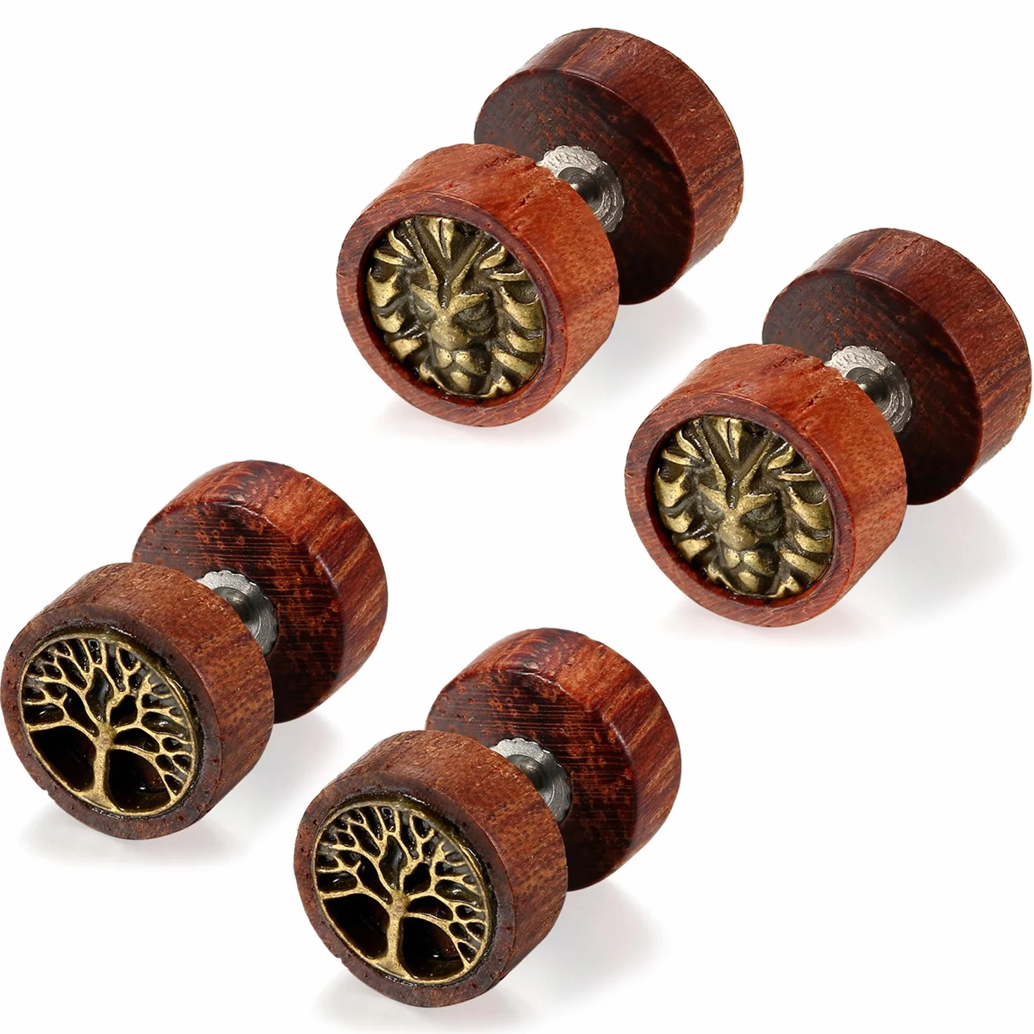 Flongo - Pendientes de acero inoxidable, madera, retro, árbol de la vida, león, cabeza de fantasía, pendientes de color marrón para hombre y mujer