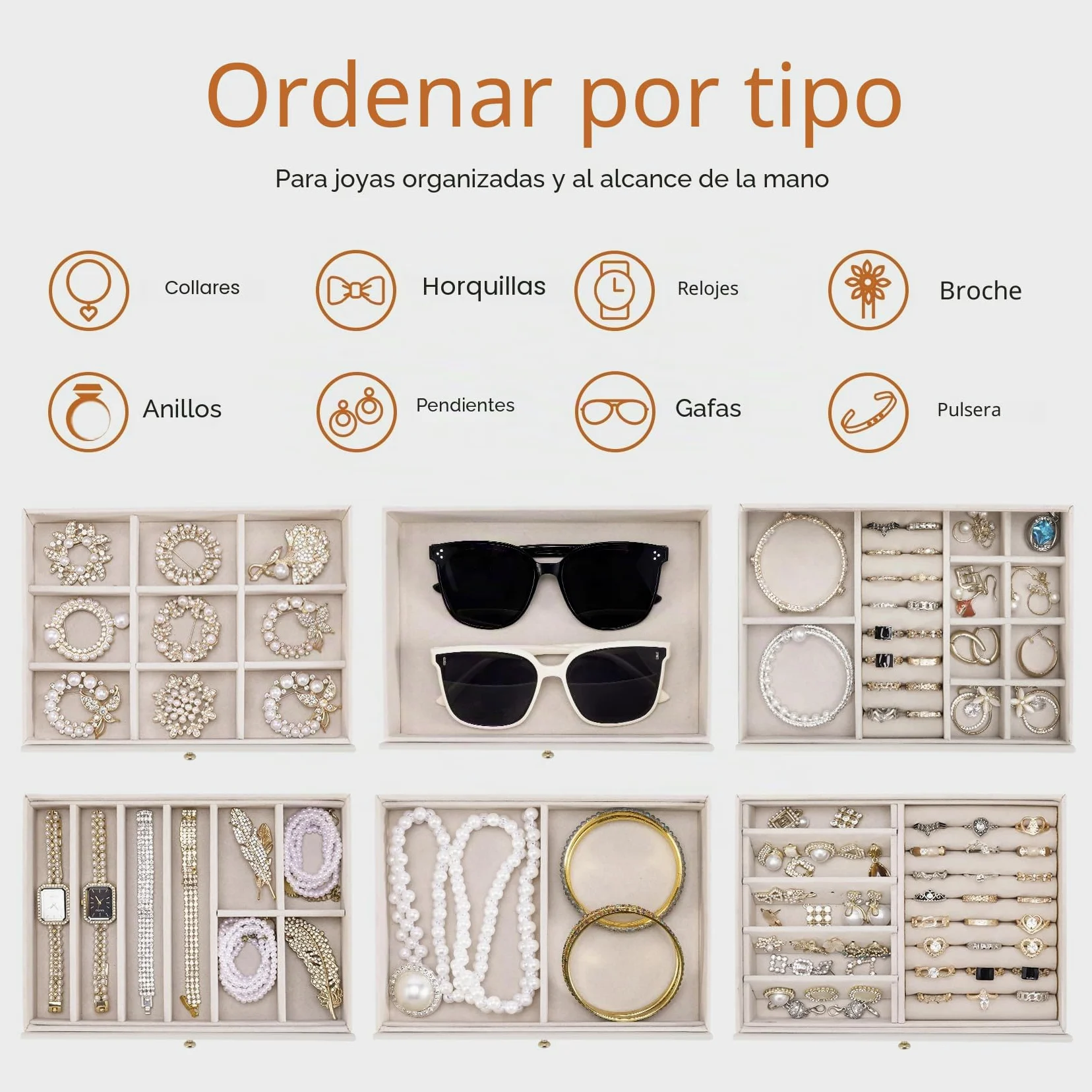 Dajasan Grande Joyeros Mujer Organizador, 6 Capas Organizador Joyas, Joyero Mujer con Espejo Para Navidad, San Valentín, Cumpleaños de la Madre, Año Nuevo (Beige)