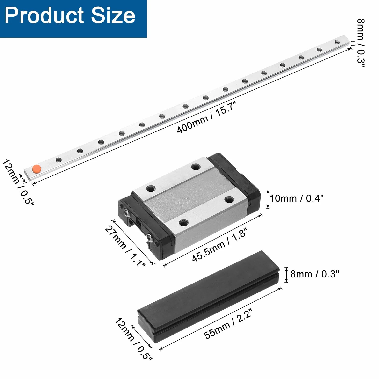 Guía Lineal MGN12 400 mm Bloque MGN12H Rodamiento Acero Plástico para Impresoras 3D CNC