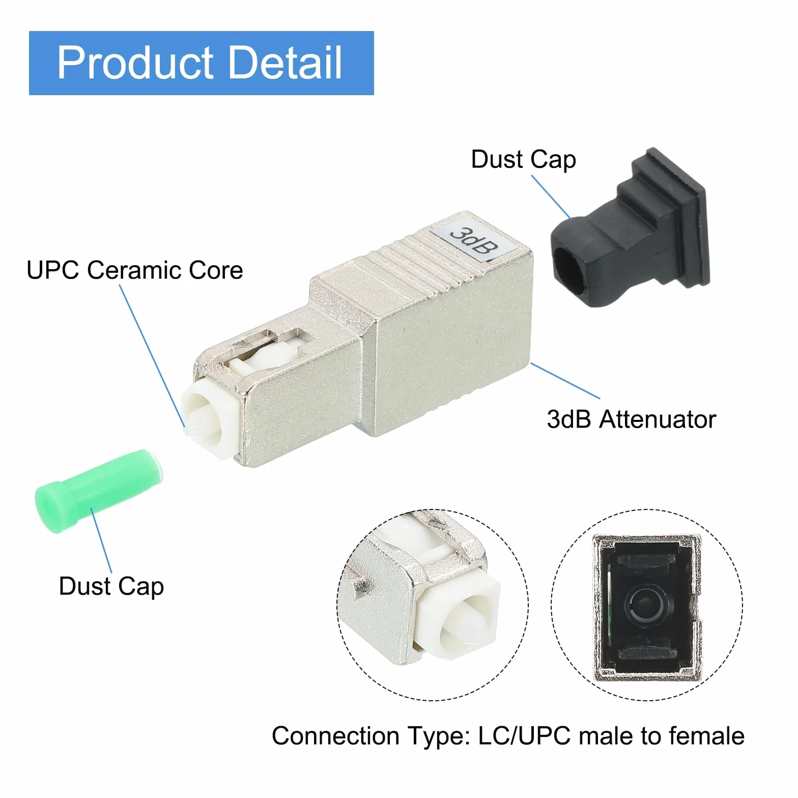 Atenuador De Fibra SC 3dB, Atenuador Óptico Fijo Monomodo SC/APC, Paquete De 5