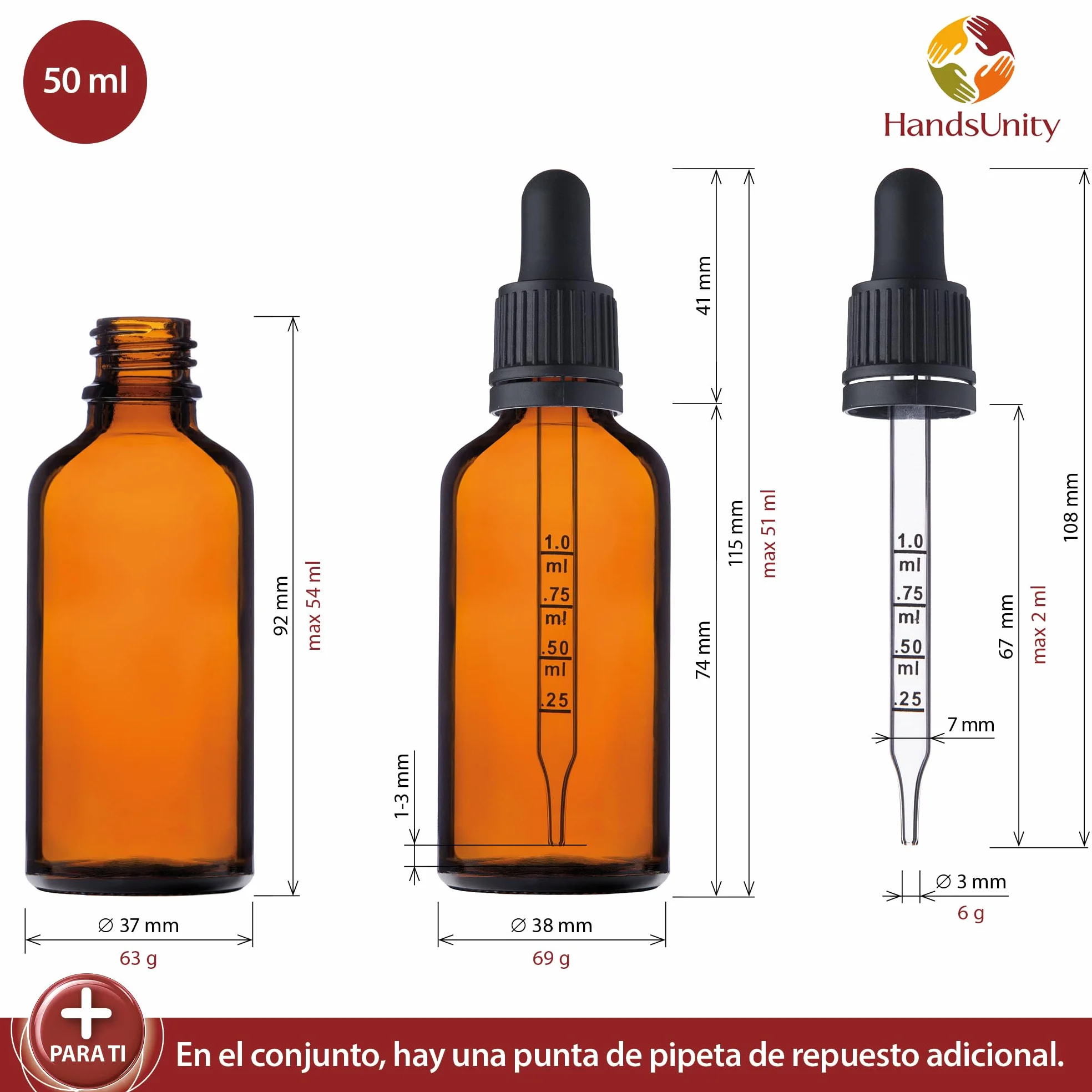 Juego de Frasco de Pipeta de Vidrio Ámbar 50ml - Botellas de Vidrio Marrón con Tapa Negra - 12 Piezas
