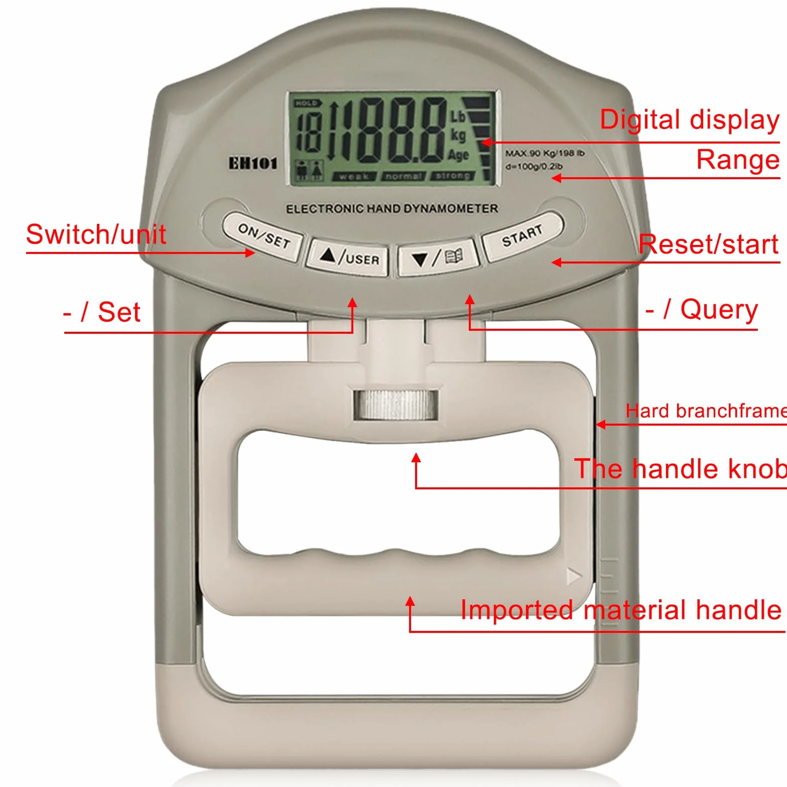 Dinamómetro Digital de Mano 180 kg con Cable USB, Medidor de Fuerza de Agarre con Pantalla LED Gris