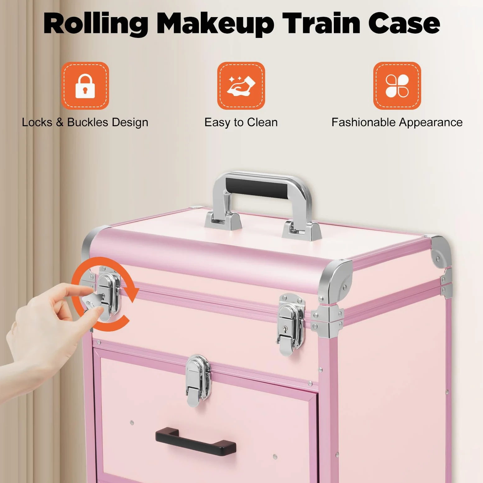 Maletín de maquillaje con ruedas con 50 compartimentos, maletín de maquillaje con 2 cajones y bolsa extraíble, de aluminio, con cerradura, capacidad de carga de 50 kg, color rosa