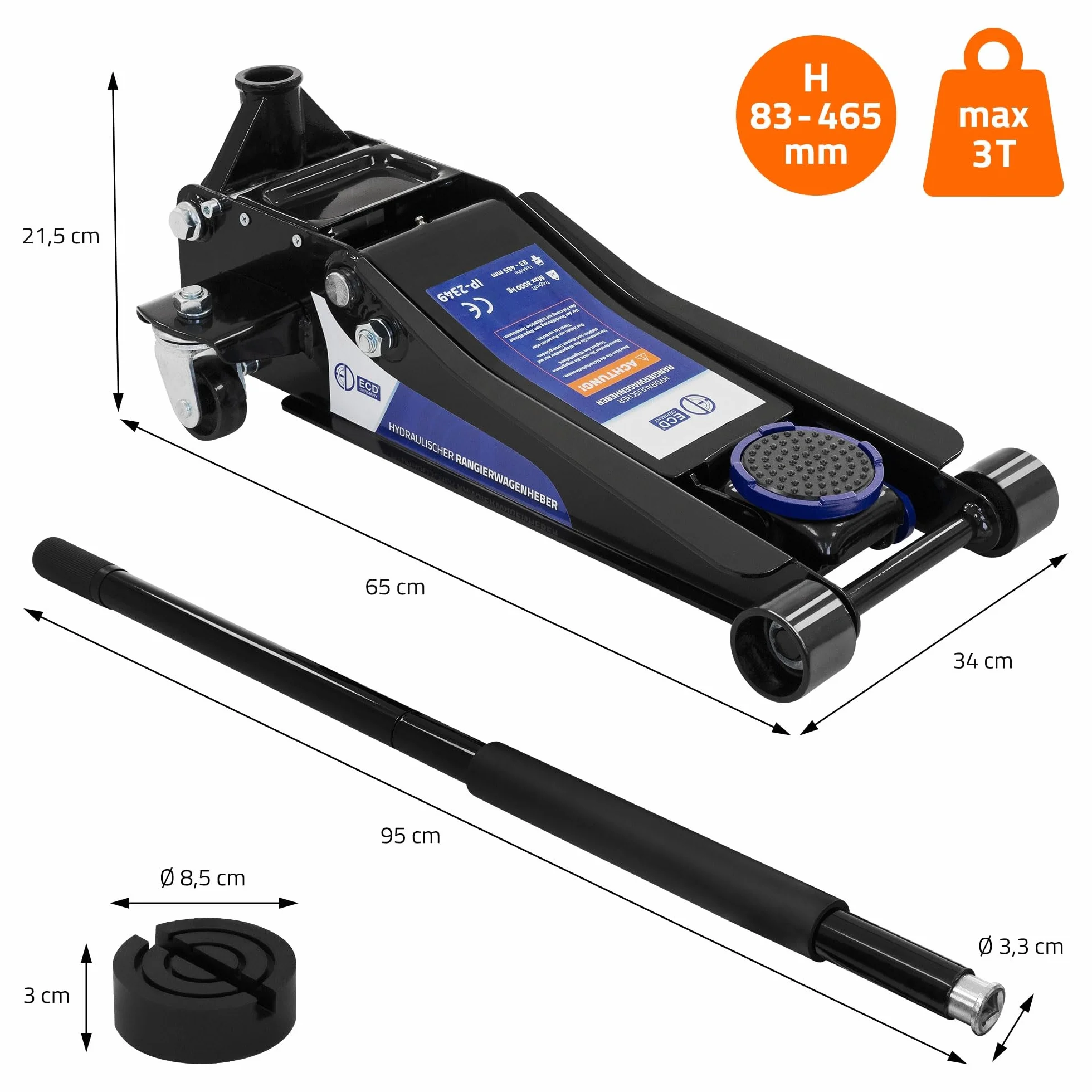 ECD Germany Gato Hidráulico 3T 83-465 mm Elevación Plana con Almohadillas de Goma y Rodillos 360°