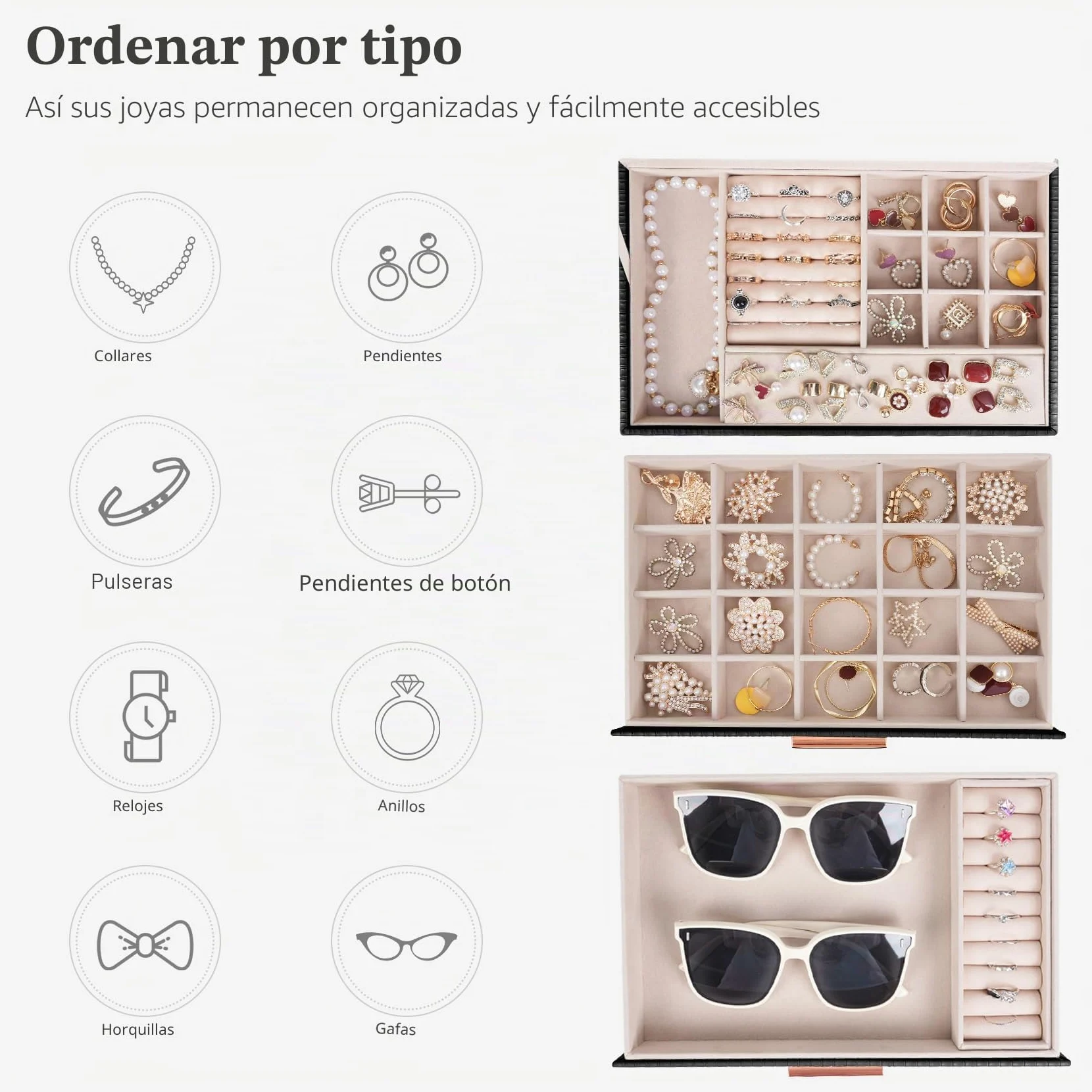 Dajasan Joyero Mujer, Joyero Grande, Organizador Joyas 2 Cajones, Joyeros para Collares, Anillos, Pendientes, Pulseras, Idea Regalo (Negro)