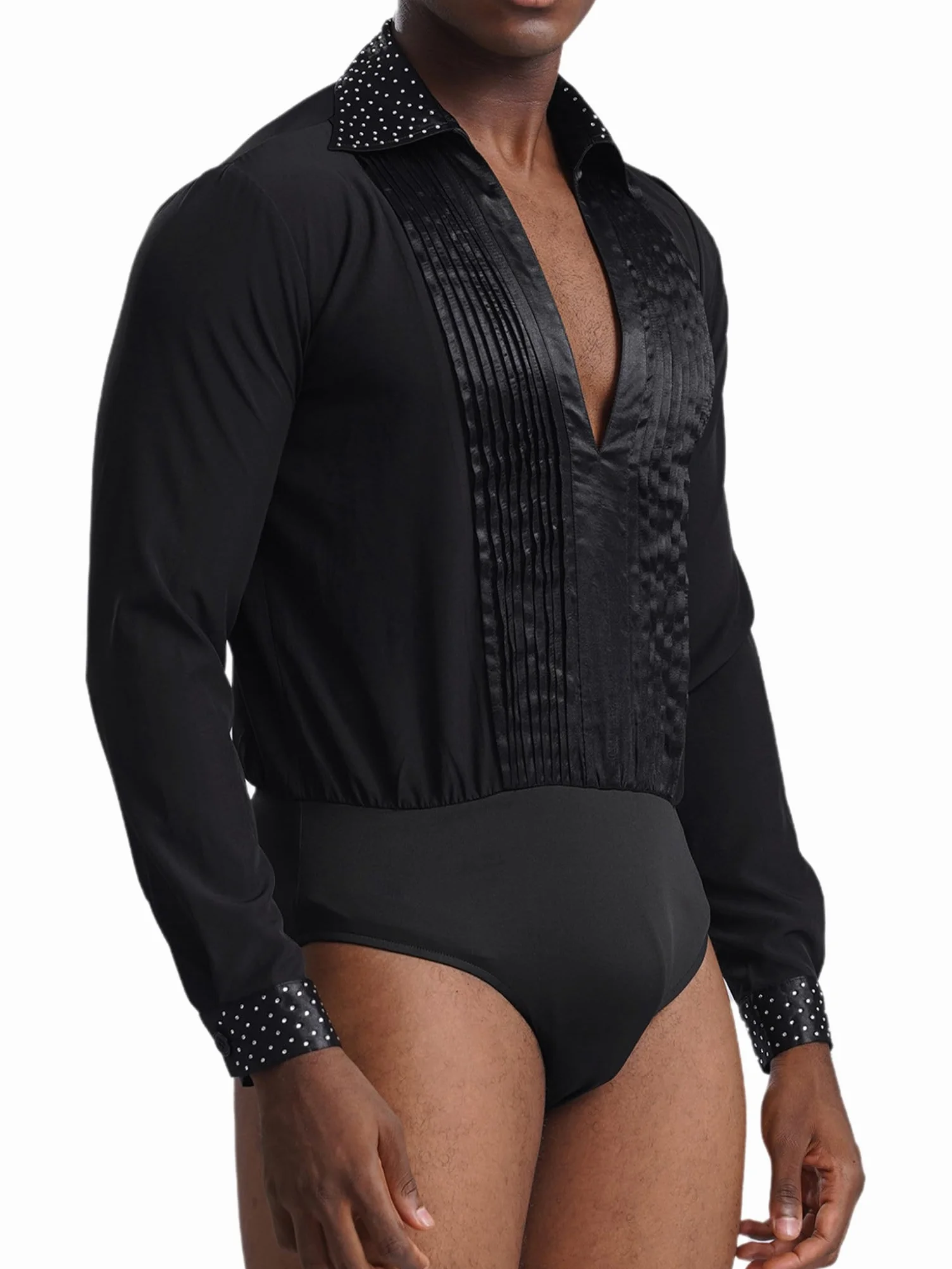 TTAO Camisa latina para hombre, cuello en V, brillante, body de una pieza con botones en la entrepierna, maillot de baile, disfraz de salsa, samba, chacha, moderno, disfraz de danza