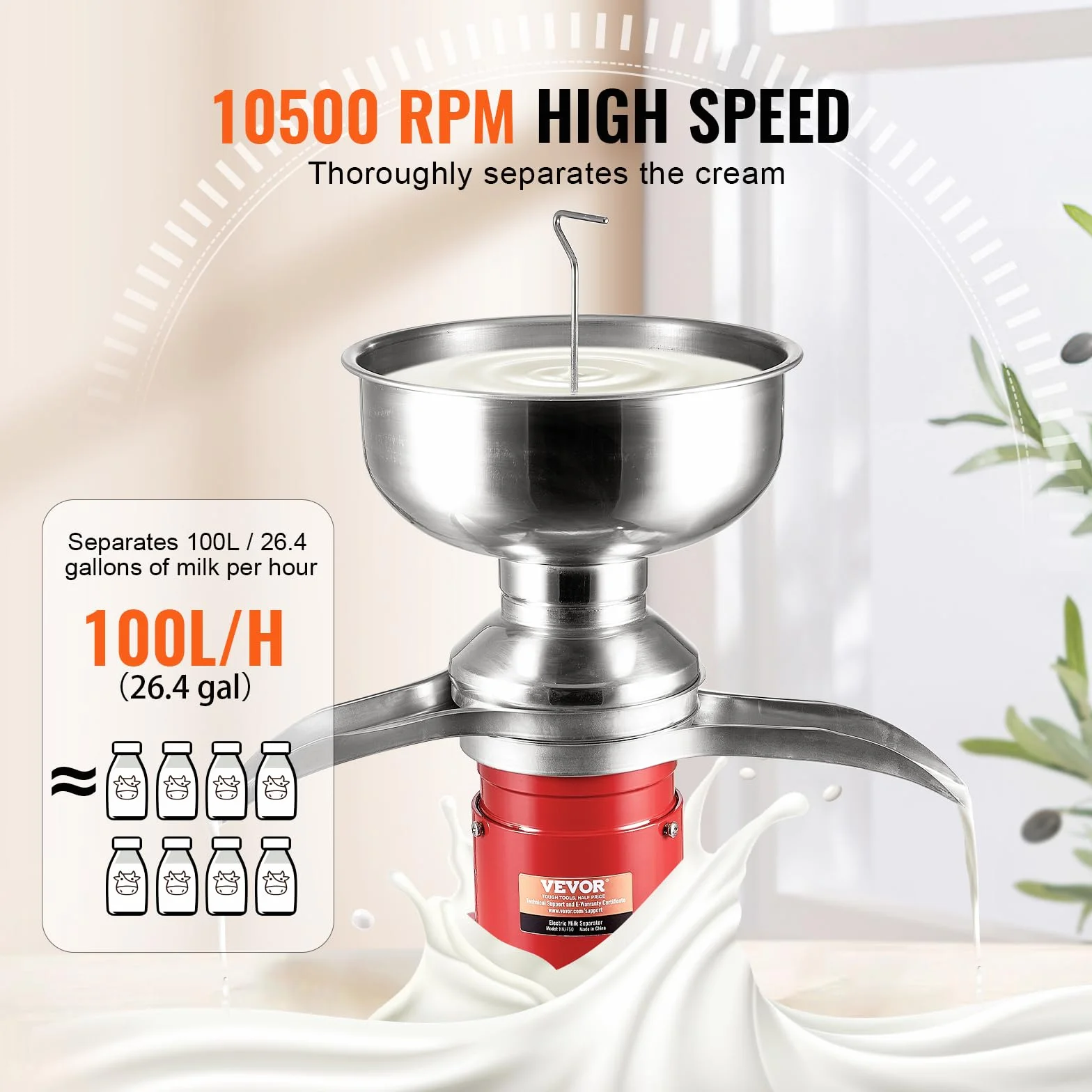VEVOR Separador de Leche Eléctrico 100 L/H 10500 RPM Acero inoxidable 304