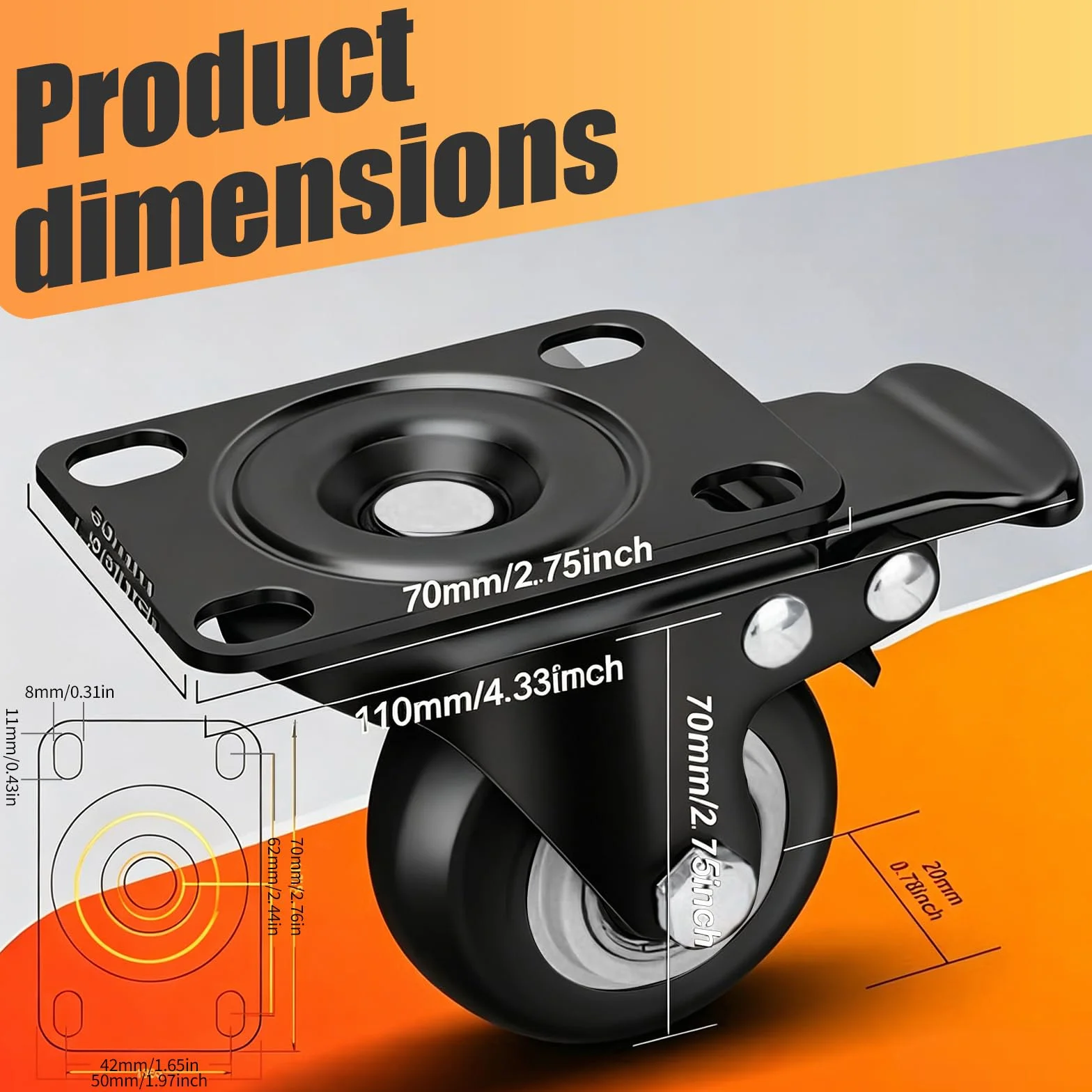 Ruedas Giratorias 50 mm con Freno Antimarca 320 kg para Muebles Interior Exterior Negro