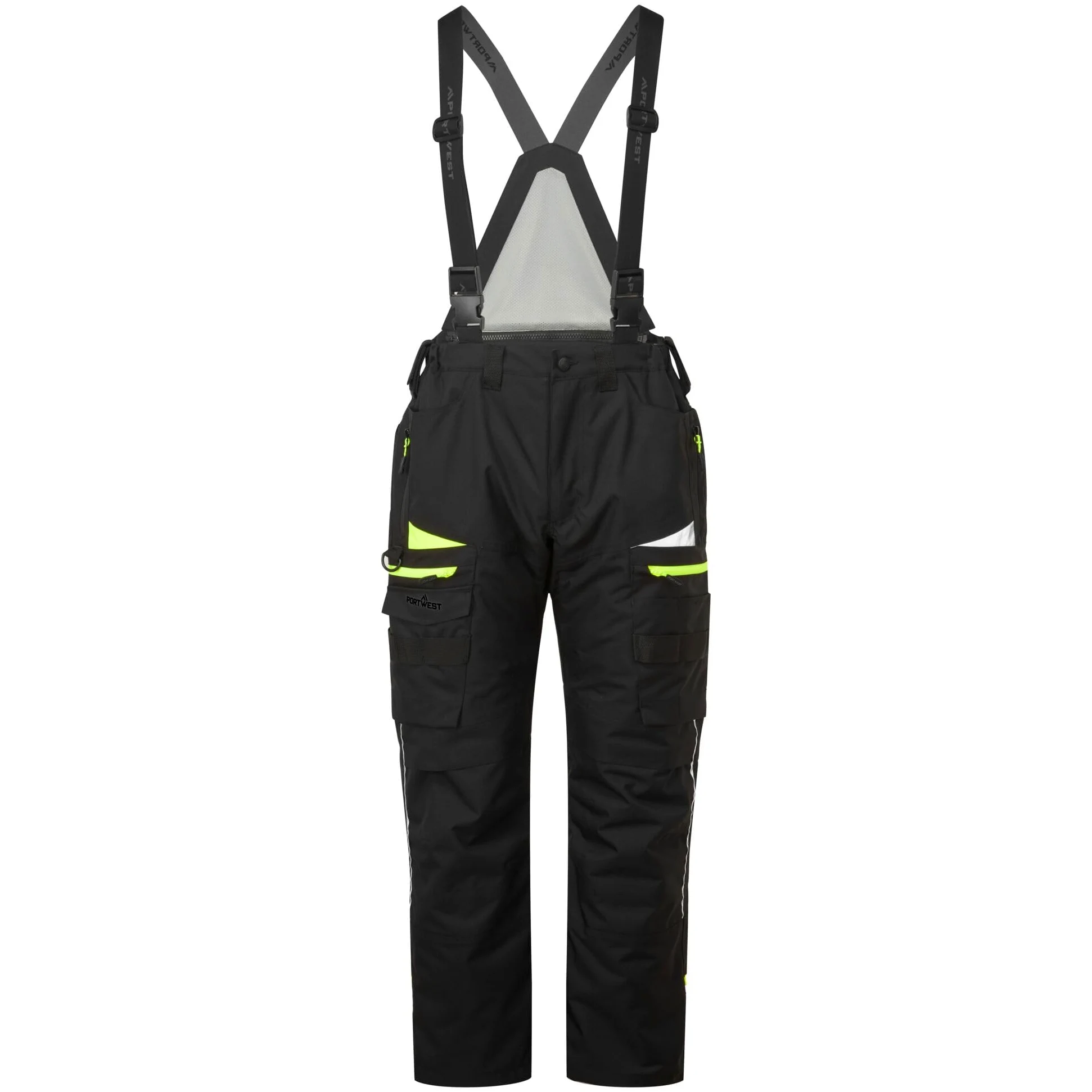 Portwest DX458 Men's Insulated Bib and Brace Work Overalls Detachable Winter Trousers Waterproof Reflective Rain Dungarees Black