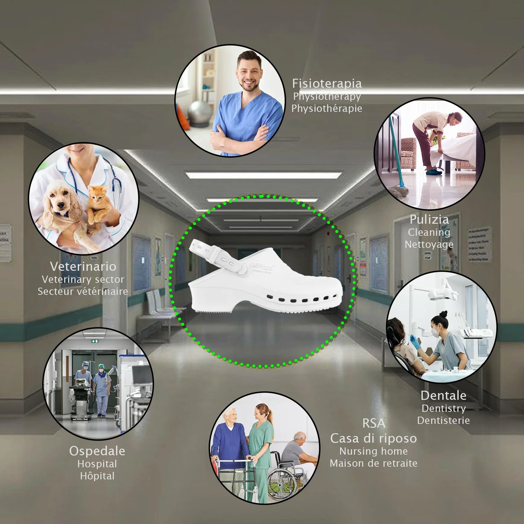 REPOSA Complete - Zuecos Sanitarios Mujer y Hombre en Goma SEBS Sin Látex, Zuecos Enfermera Anatómicos con Correa Trasera Ajustable, Zapatos Sanitarios Esterilizables, Antishock y Transpirables